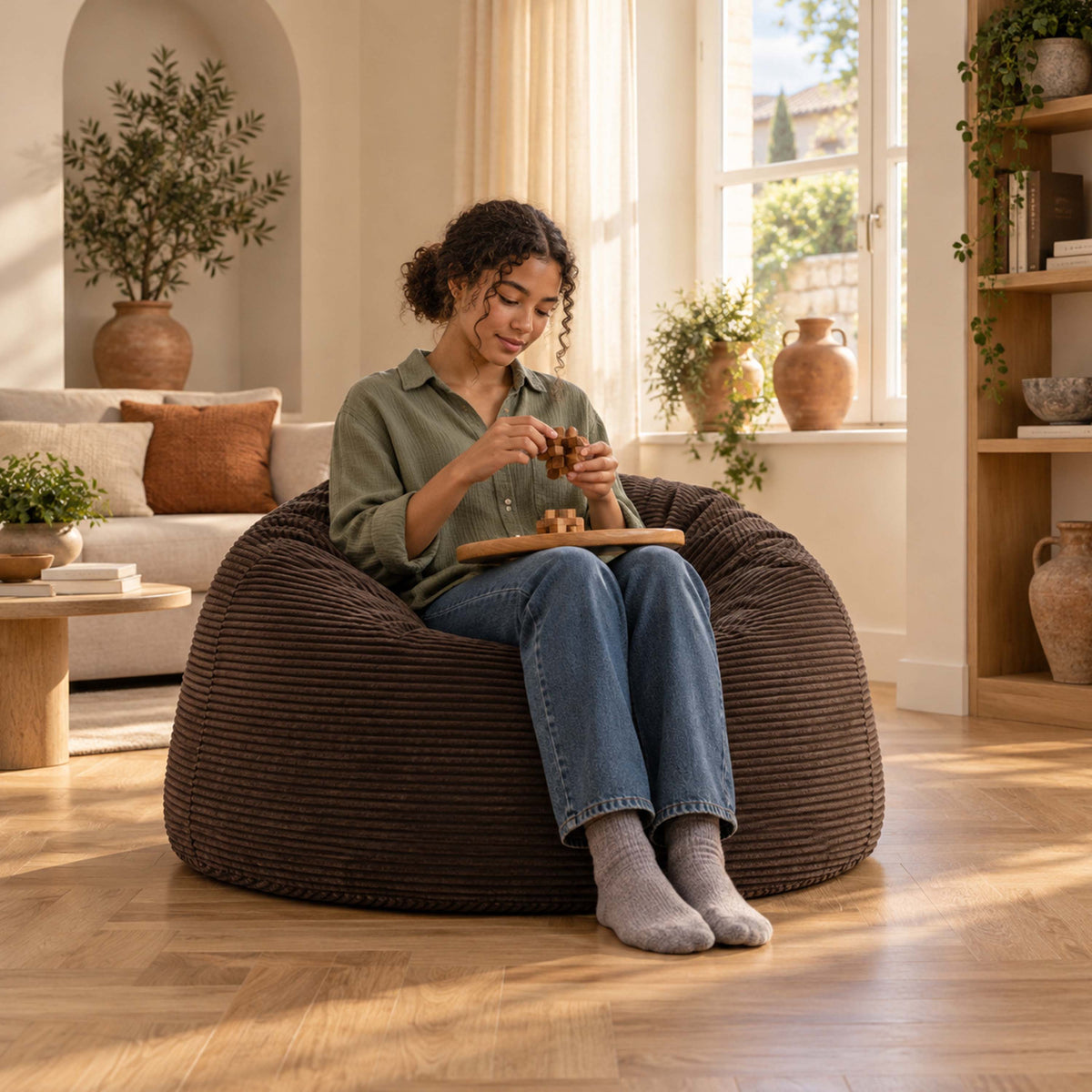 Pouf Géant Rond XL Velours Côtelé Brun espresso : pouf XXL rond en velours côtelé, grande assise pour salon intérieur