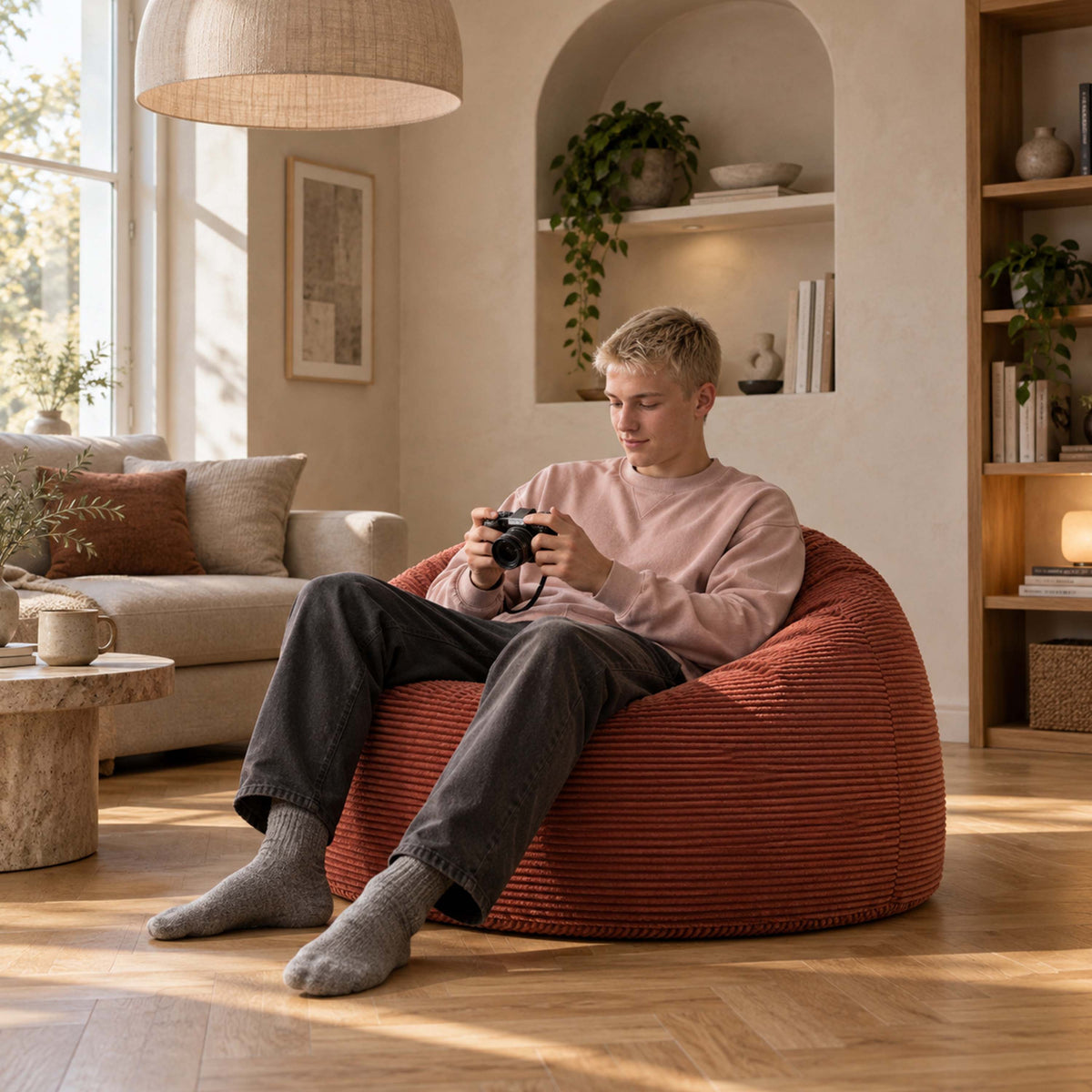 Pouf Géant Rond XL Velours Côtelé Terracotta, assise XL ronde en velours côtelé pour salon, confort détente.