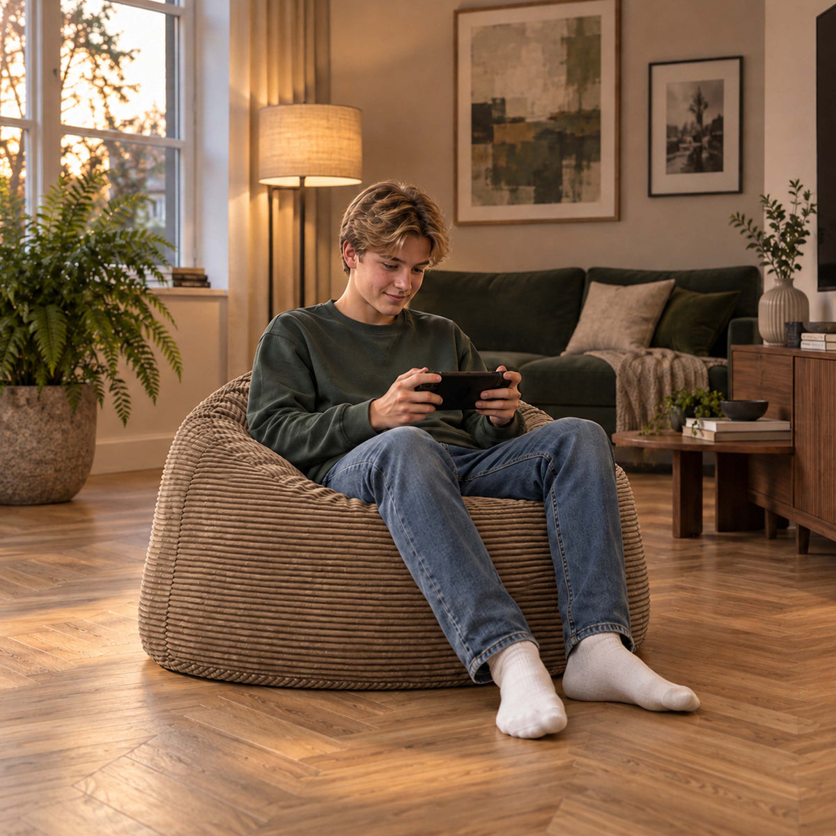 Pouf Géant Rond XL Velours Côtelé Marron : pouf XL rond en velours côtelé marron pour salon, assise confortable
