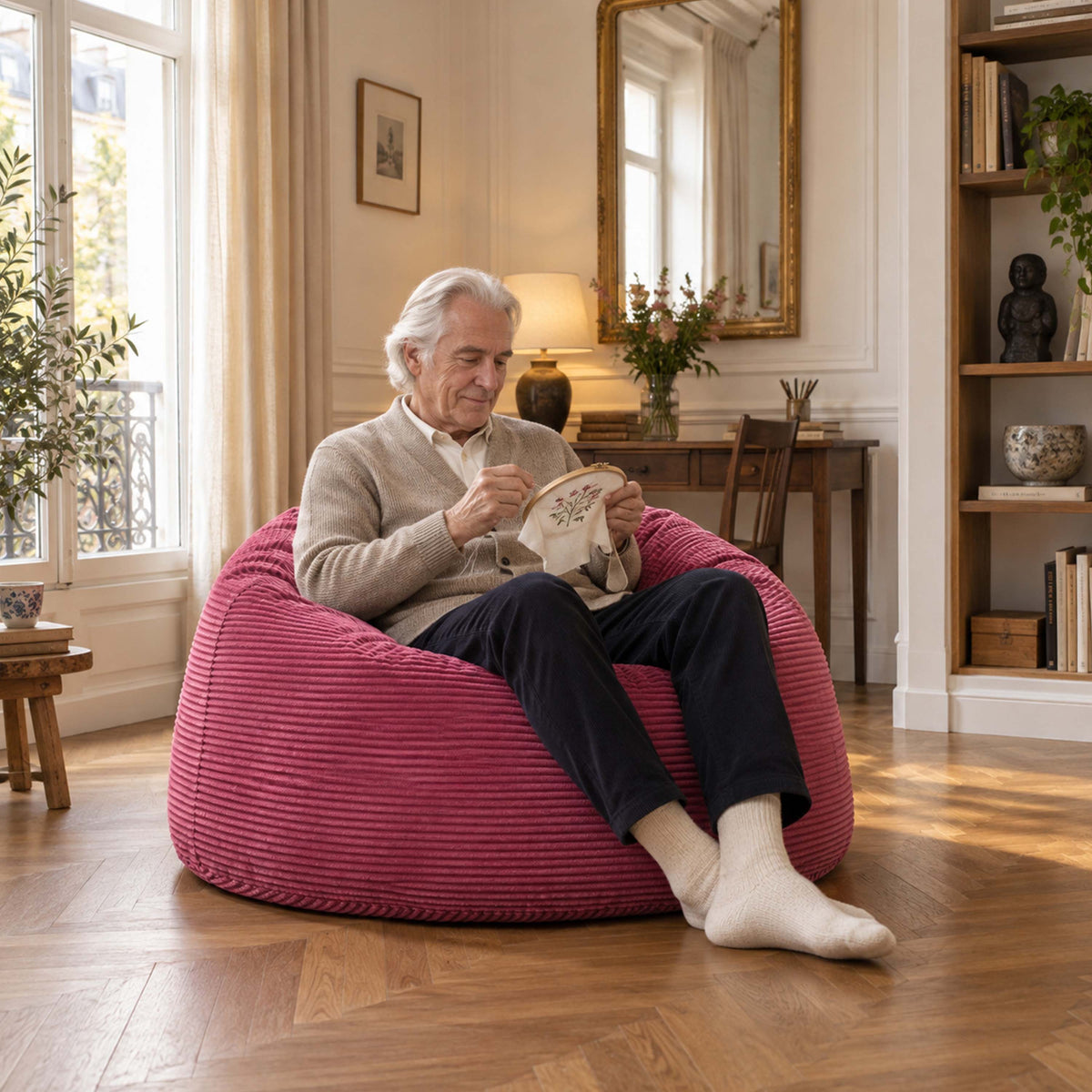 Pouf Géant Rond XL Velours Côtelé Rose, grand pouf fauteuil rond en velours côtelé, assise confortable pour salon intérieur