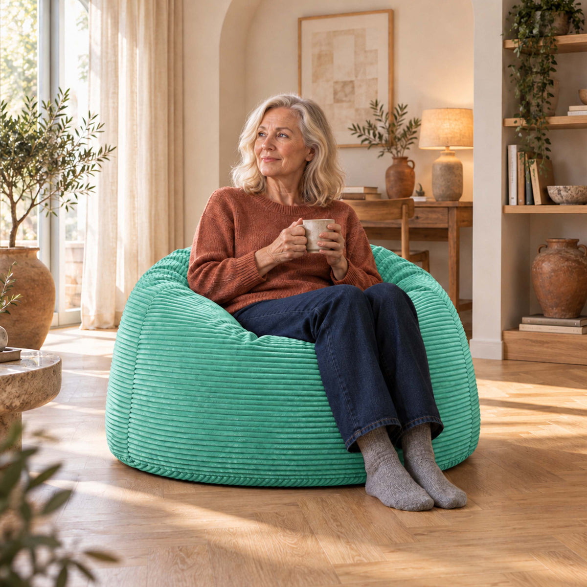 Pouf Géant Rond XL Velours Côtelé Turquoise, assise ronde XL en velours côtelé turquoise dans un salon lumineux