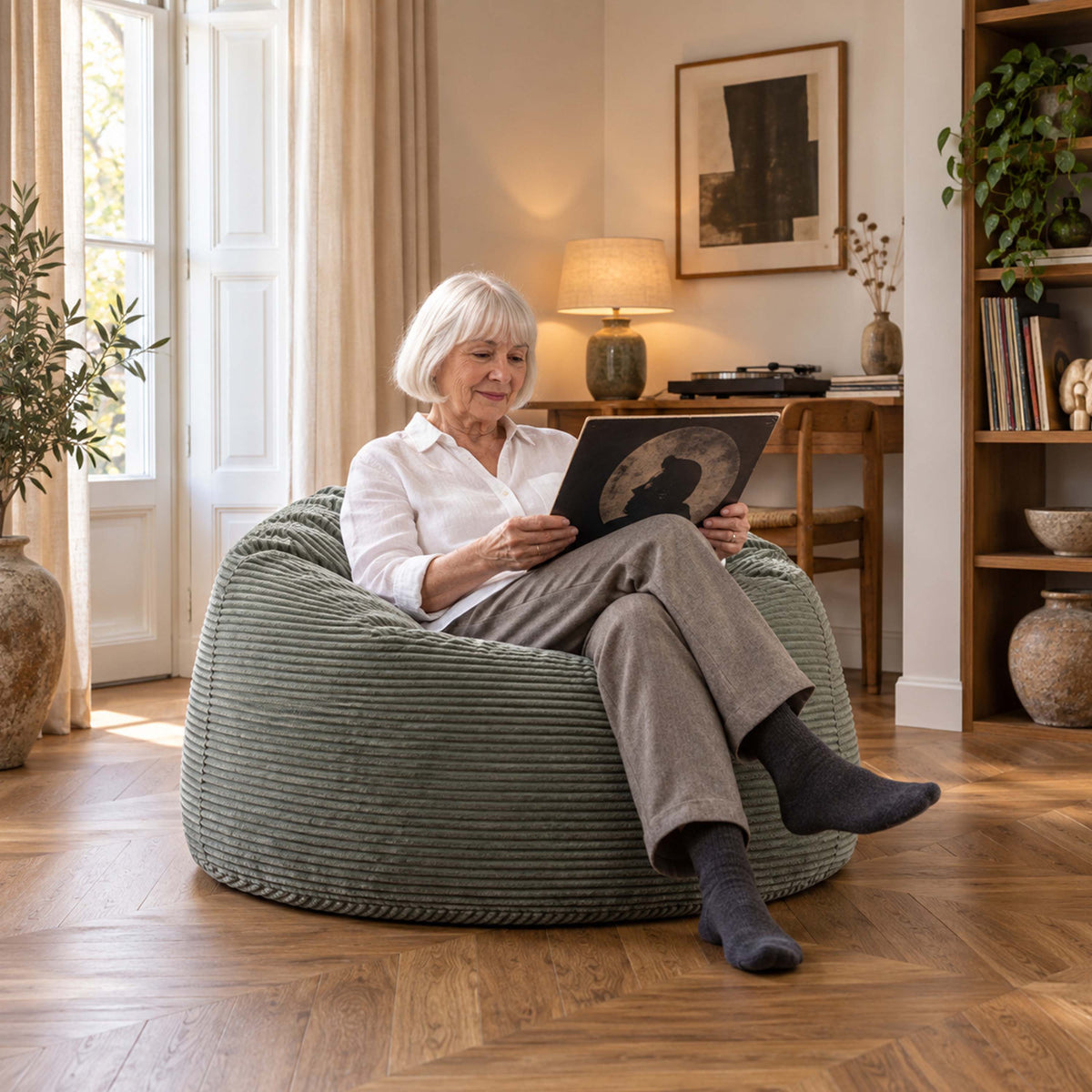 Pouf Géant Rond XL Velours Côtelé Vert gris : pouf fauteuil rond XL en velours côtelé vert gris pour salon, confort assise