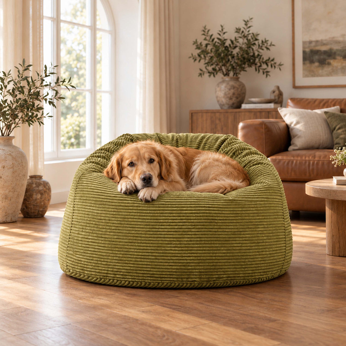 Pouf Géant Rond XL Velours Côtelé Vert olive clair, pouf fauteuil rond XL en velours côtelé vert olive clair pour salon