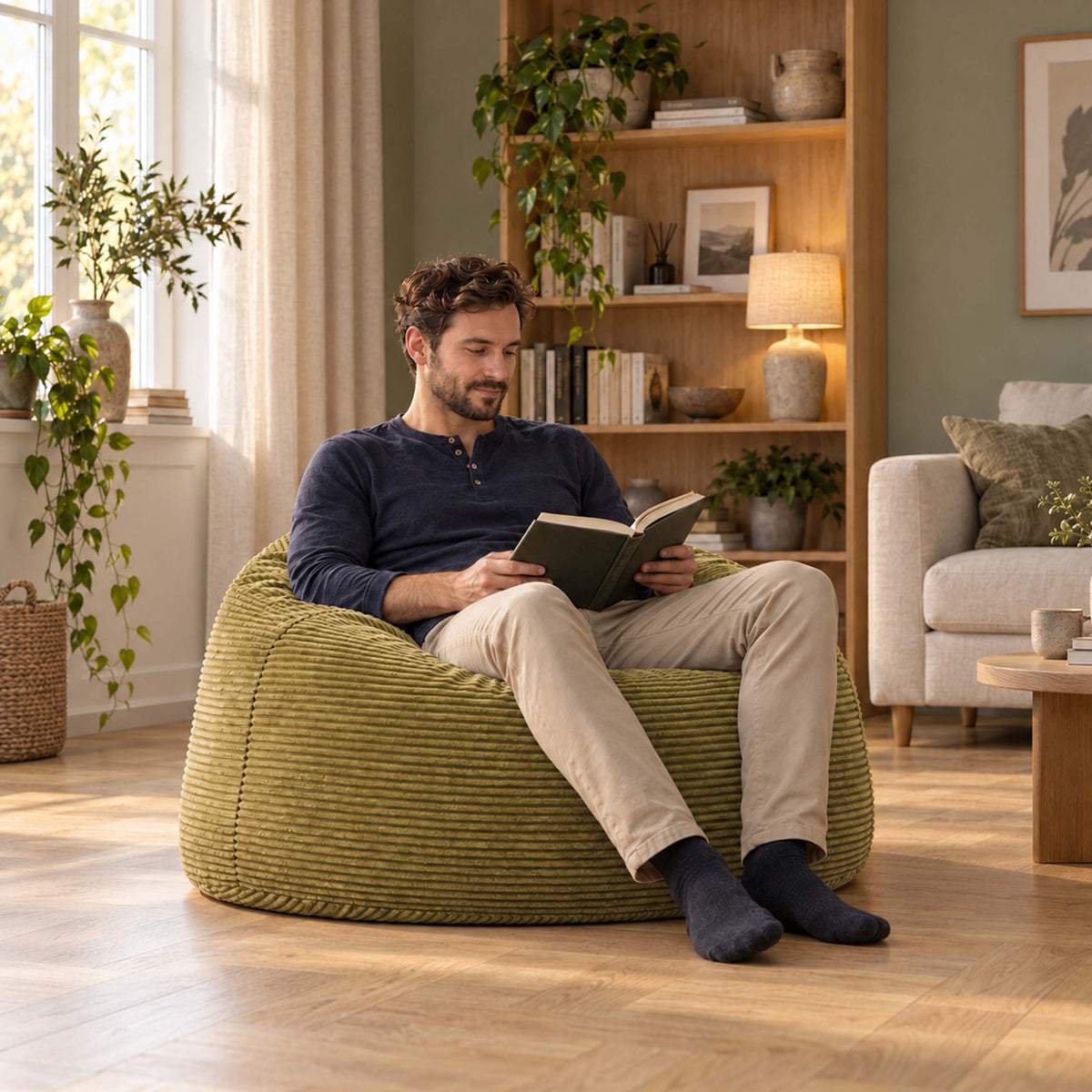 Pouf Géant Rond XL Velours Côtelé Vert olive clair, assise ronde XL en velours côtelé, confort pour lecture au salon