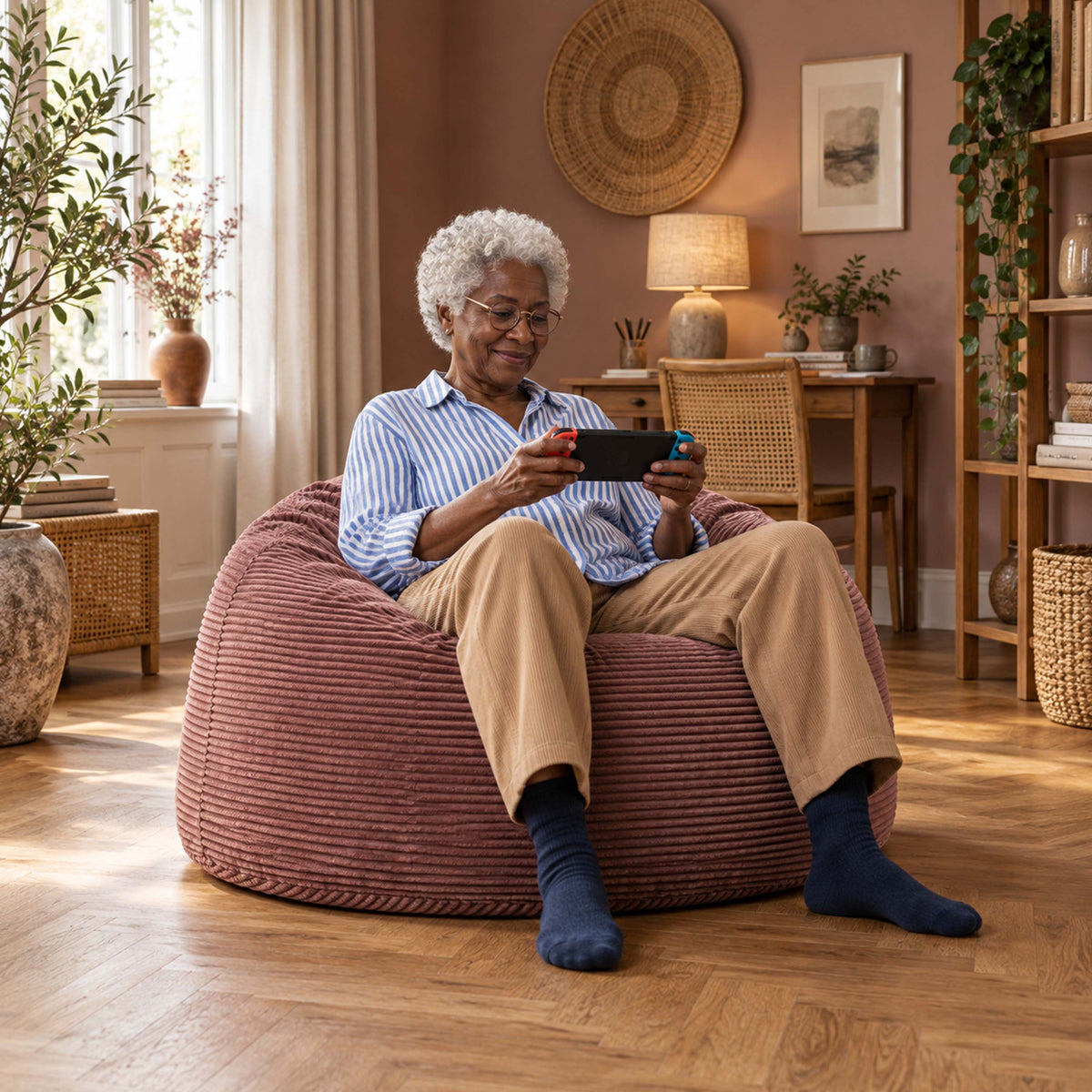 Pouf Géant Rond XL Velours Côtelé Vieux rose, pouf fauteuil XXL rond en velours côtelé, assise moderne confortable dans un salon
