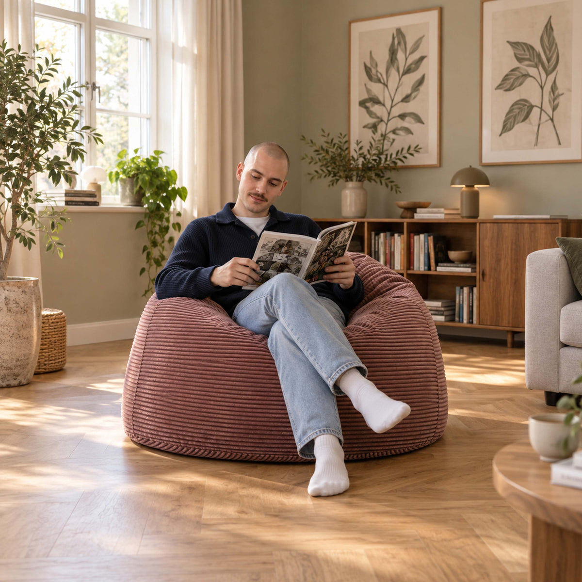 Pouf Géant Rond XL Velours Côtelé Vieux rose — assise ronde XL en velours côtelé, confort pour lecture à la maison