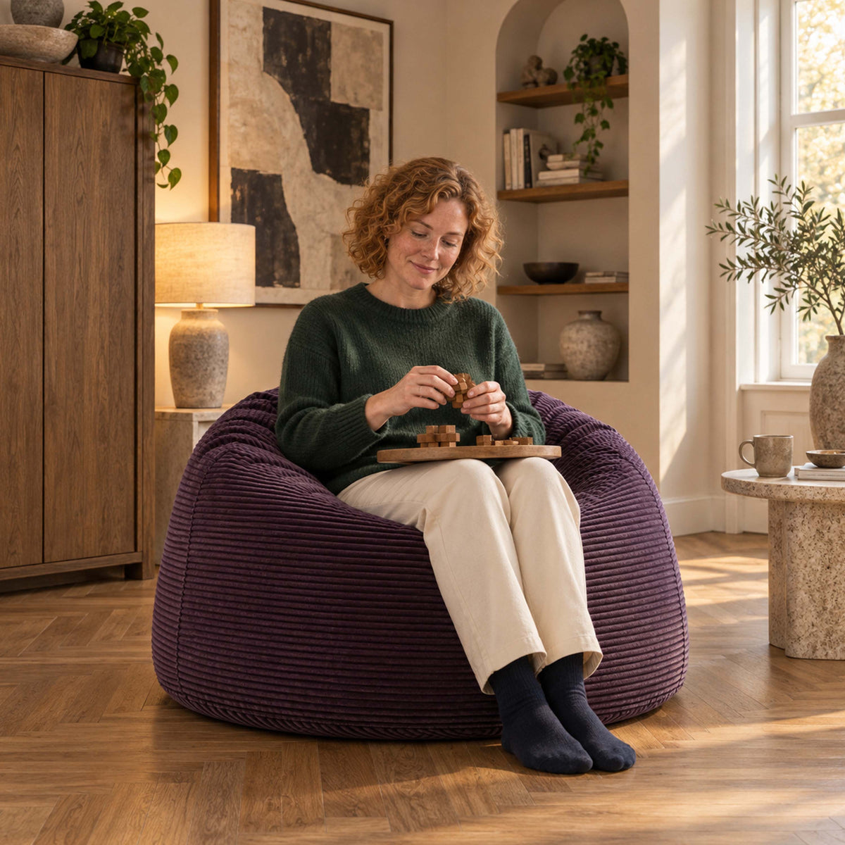 Pouf Géant Rond XL Velours Côtelé Violet aubergine, grand pouf en velours côtelé pour assise confortable dans un salon