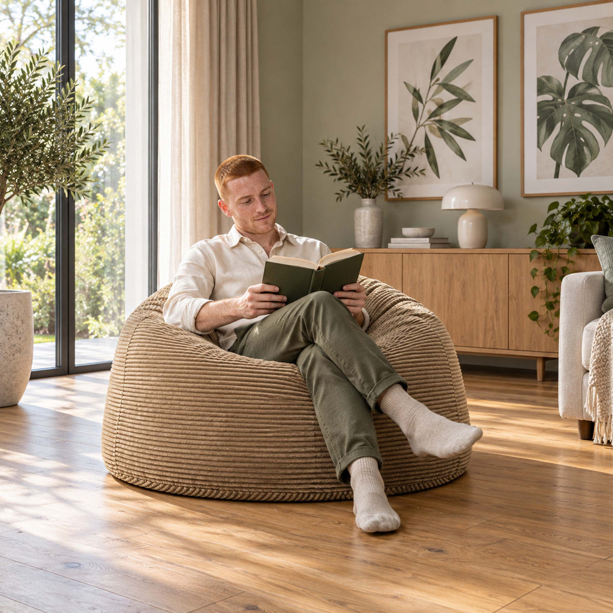 Pouf Géant Rond XL Velours Côtelé Beige doré, assise XXL ronde en velours côtelé, confortable pour salon et lecture