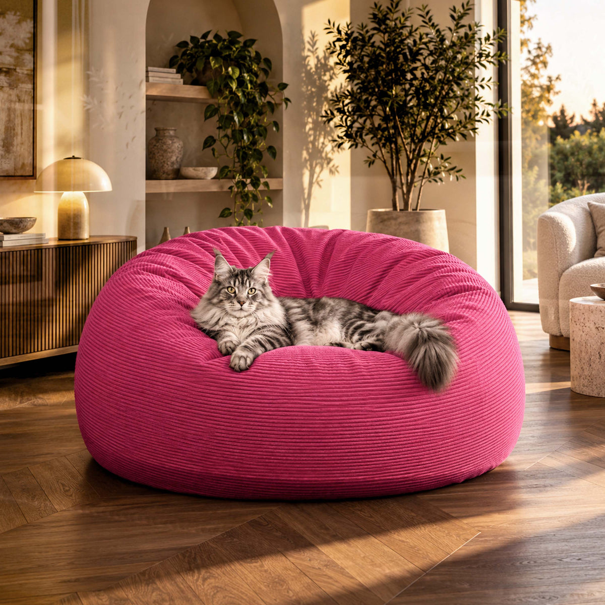 Riesiger runder XXL-Sitzsack aus rosa Cord