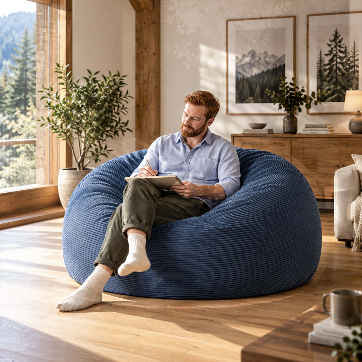 Runder XXL-Riesensitzsack aus Cord in Denimblau