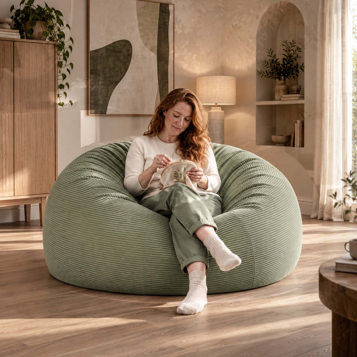 XXL Giant Round Sage Green Corduroy Bean Bag