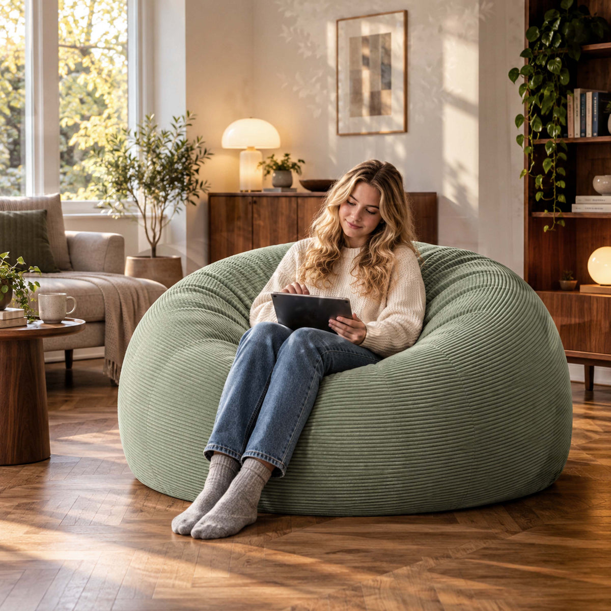 XXL Giant Round Sage Green Corduroy Bean Bag