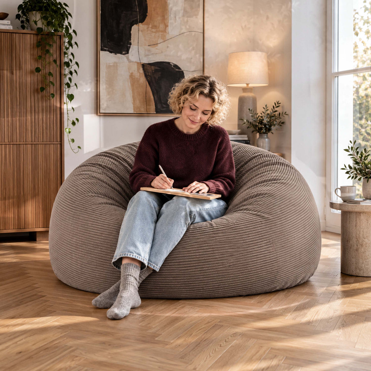 Riesiger runder XXL-Sitzsack aus Cord in Braun