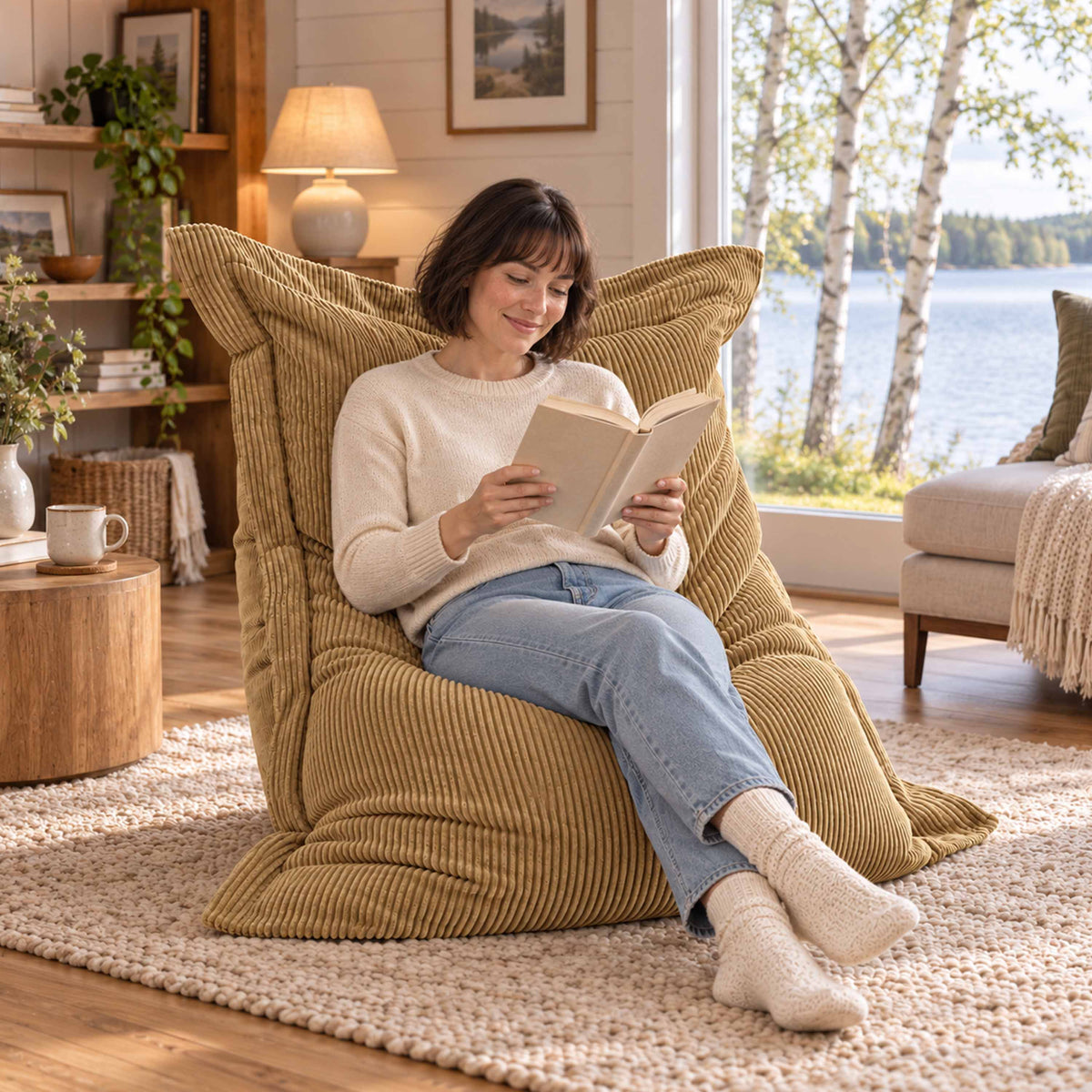 Pouf Velours Côtelé Beige doré : pouf design rectangulaire en velours côtelé, pour détente et lecture au salon