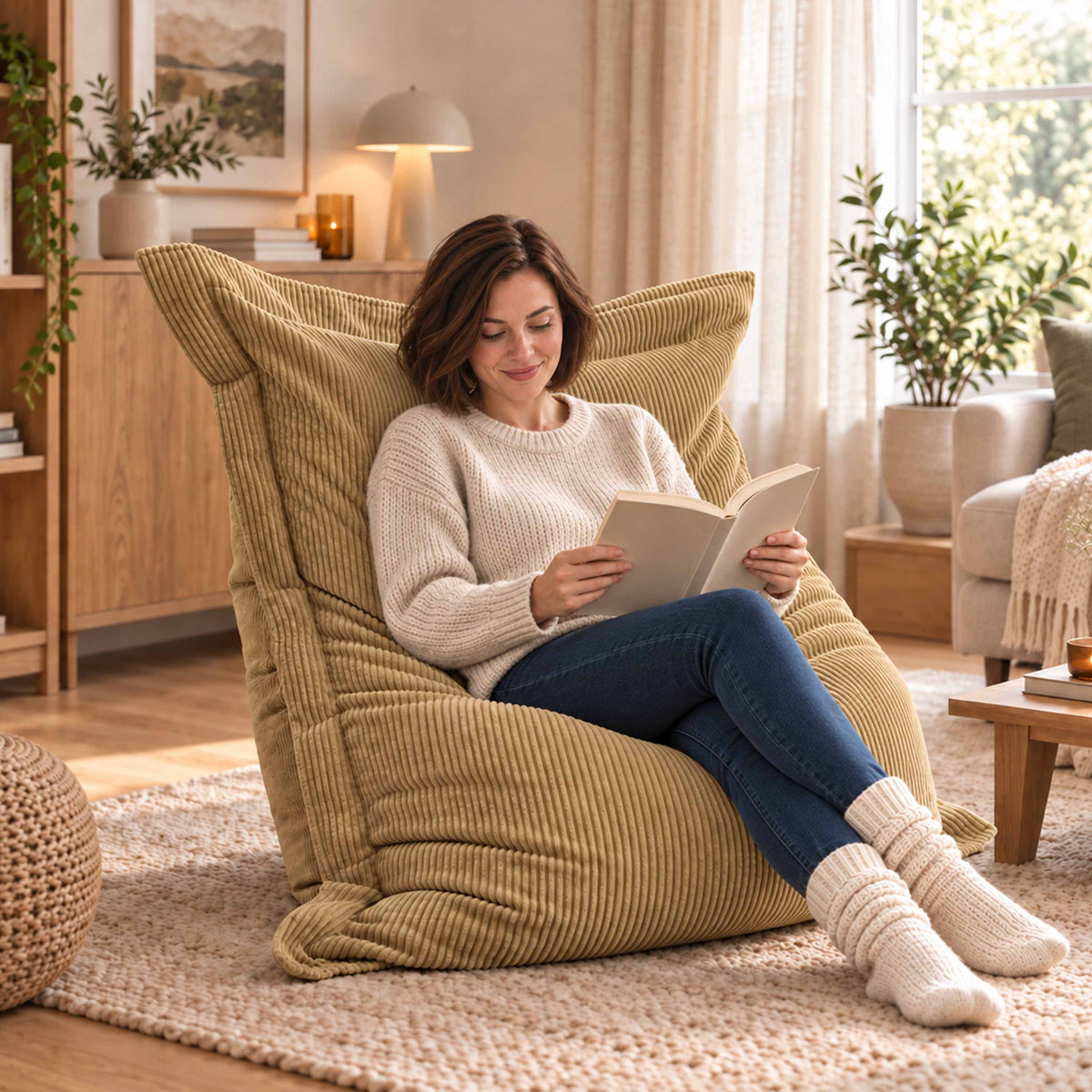 Pouf Velours Côtelé Beige doré, assise rectangulaire en velours côtelé beige doré pour coin détente salon