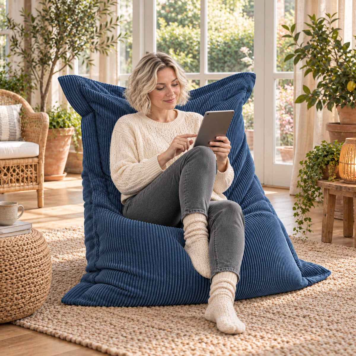 Pouf Velours Côtelé Bleu denim, pouf rectangulaire en velours côtelé, assise détente avec coussin bleu denim dans un salon