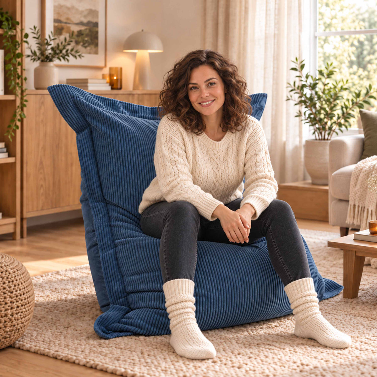 Pouf Velours Côtelé Bleu denim rectangulaire en velours côtelé, design tendance pour coin détente confortable