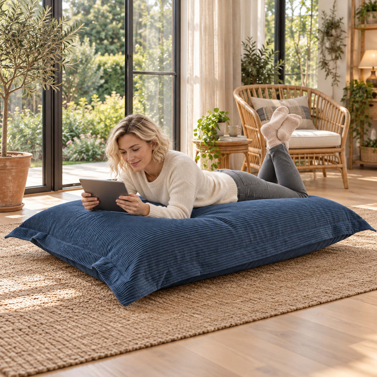 Pouf Velours Côtelé Bleu denim BiG52 : pouf rectangulaire en velours côtelé pour détente, salon moderne, coussins et lumière naturelle