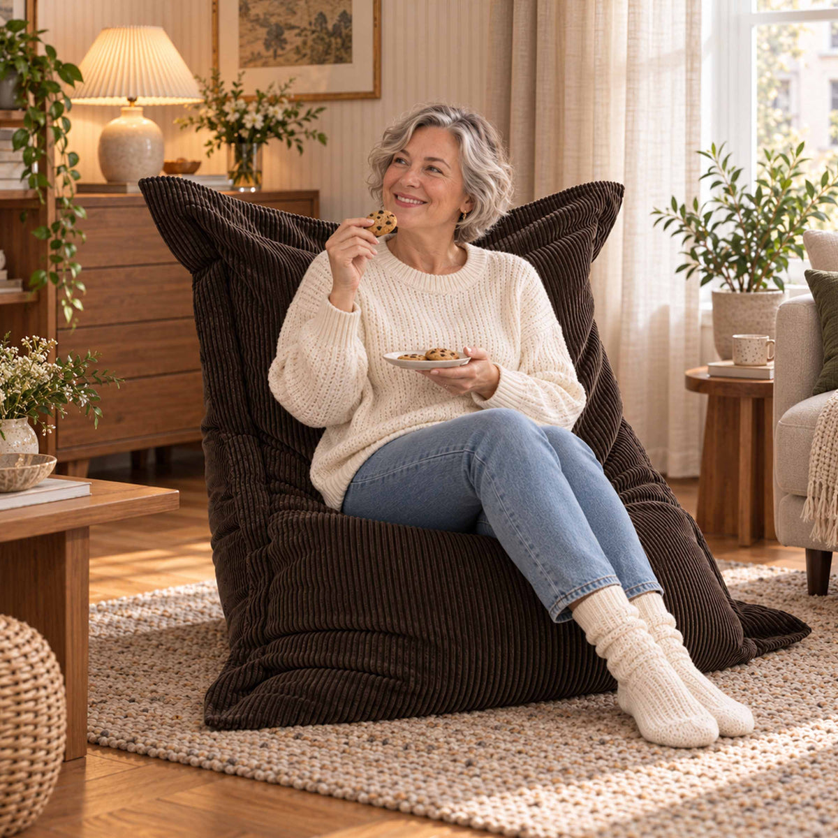 Pouf Velours Côtelé Brun espresso, grand pouf rectangulaire côtelé, fauteuil détente salon lumineux, velours brun espresso