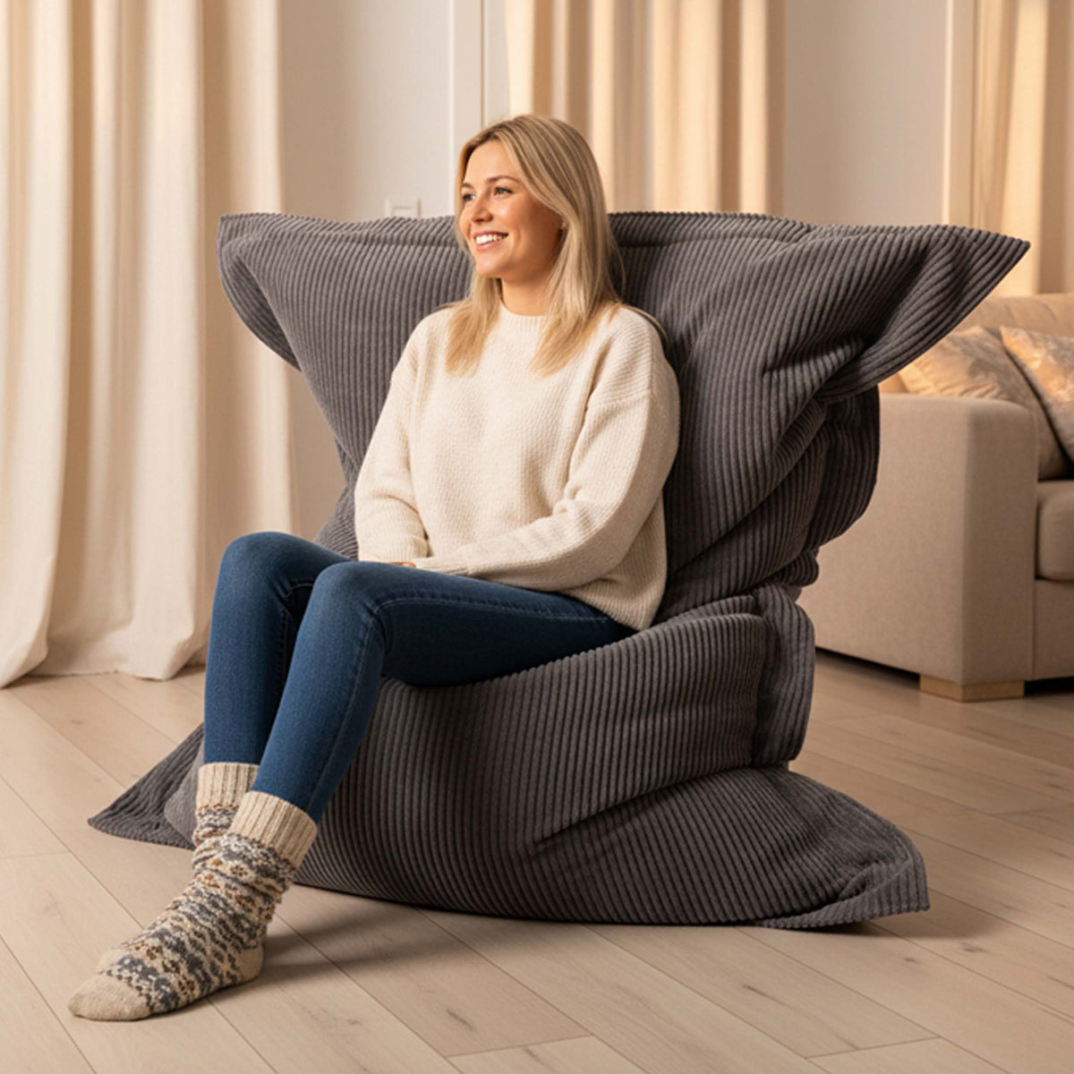 Pouf Velours Côtelé Gris BiG52 en velours côtelé, assise rectangulaire confortable pour détente à la maison
