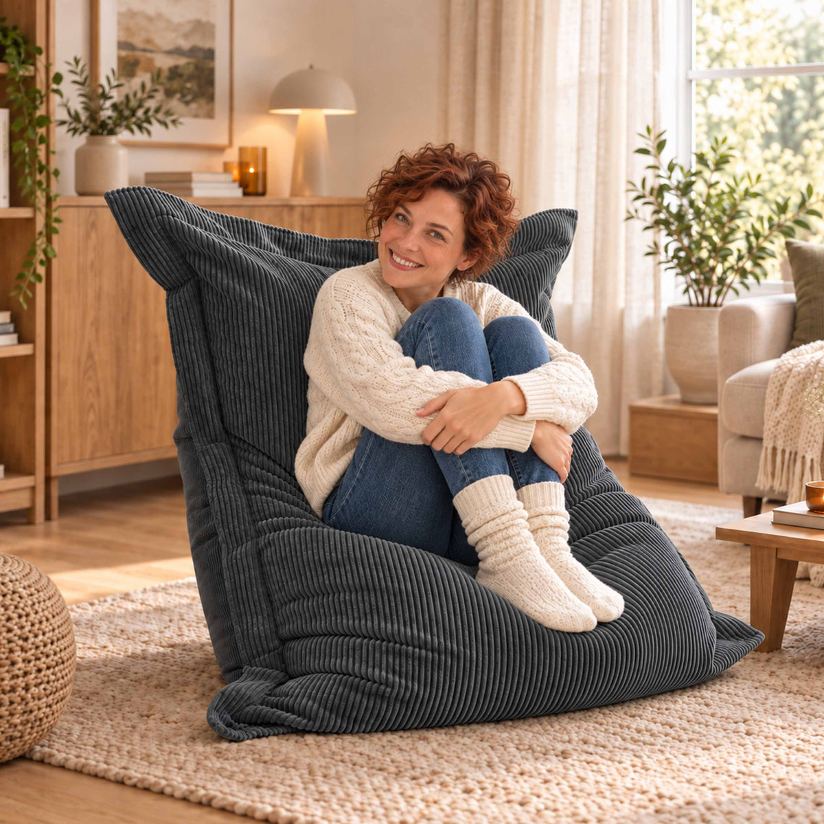 Pouf Velours Côtelé Gris, assise rectangulaire en velours côtelé gris, confort moelleux pour salon ou bureau à domicile
