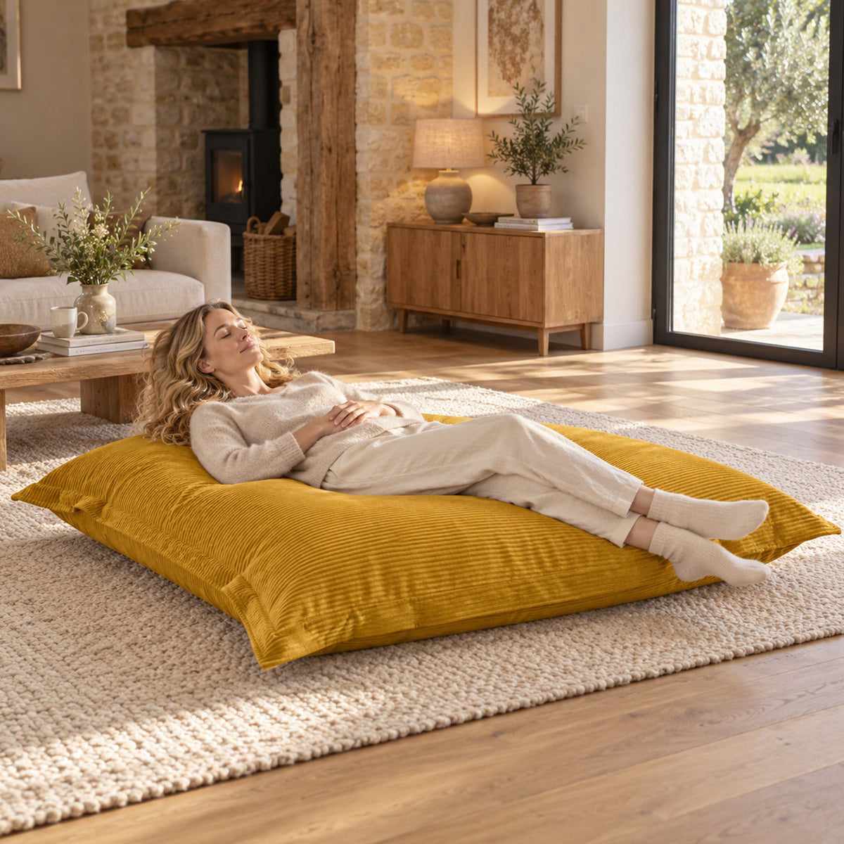 Pouf Velours Côtelé Jaune moutarde Big52, assise rectangulaire en velours côtelé jaune, ambiance salon cosy