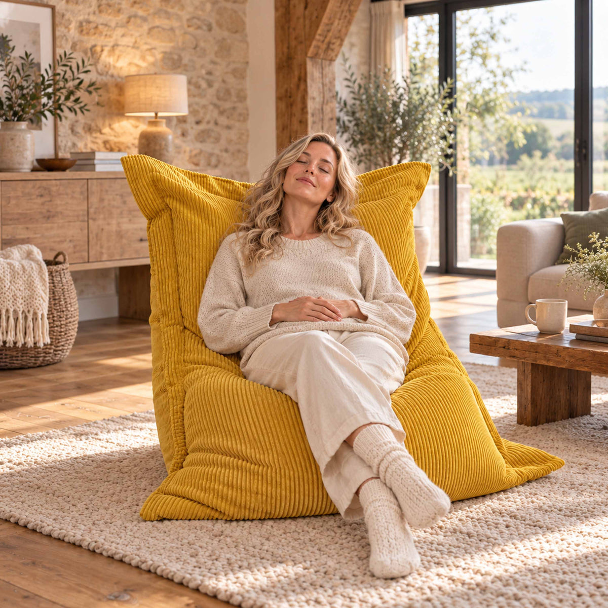 Pouf Velours Côtelé Jaune moutarde Big52, assise design rectangulaire en velours côtelé, pour détente salon