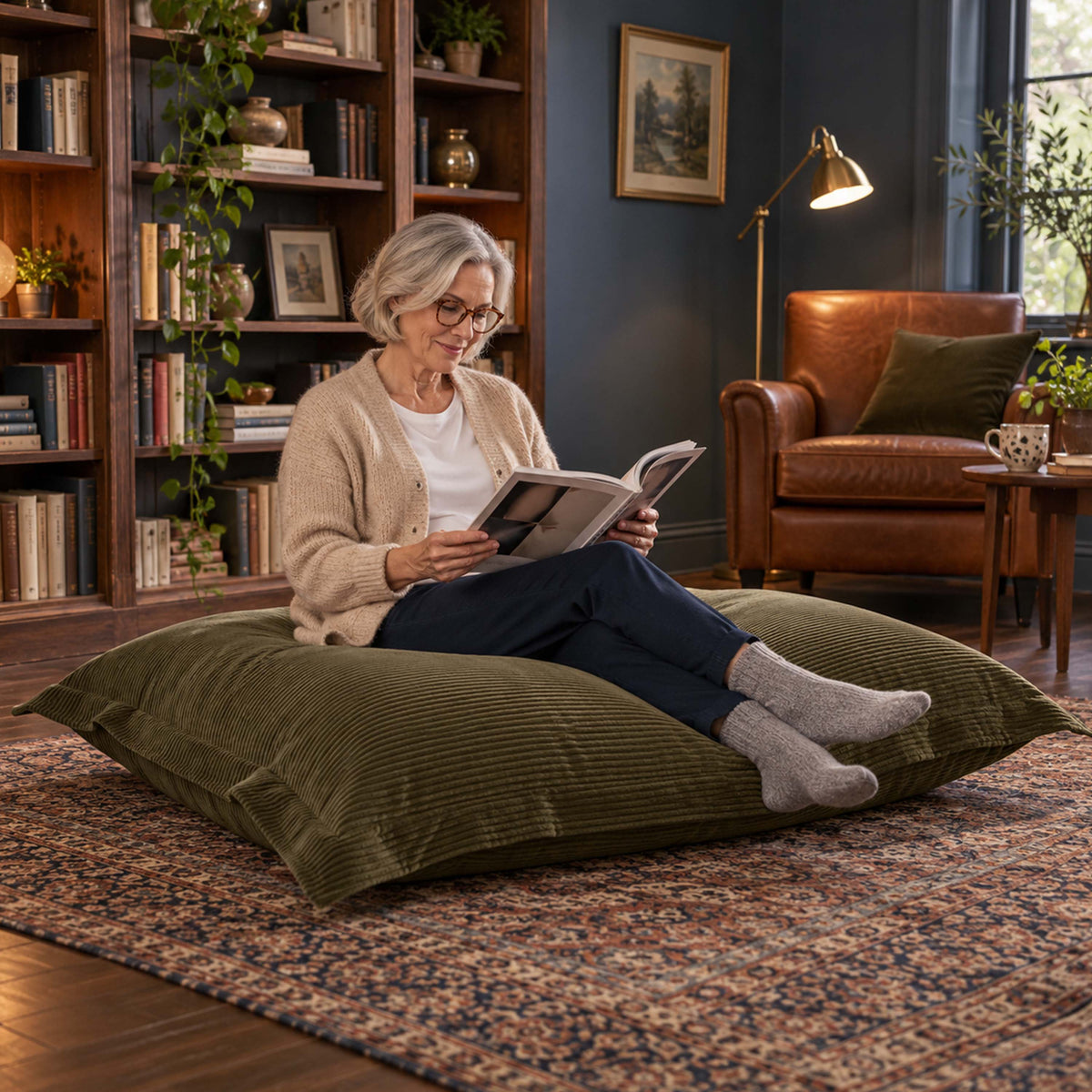 Pouf Velours Côtelé Kaki foncé : pouf rectangulaire en velours côtelé, coin lecture cosy et élégant, intérieur chaleureux