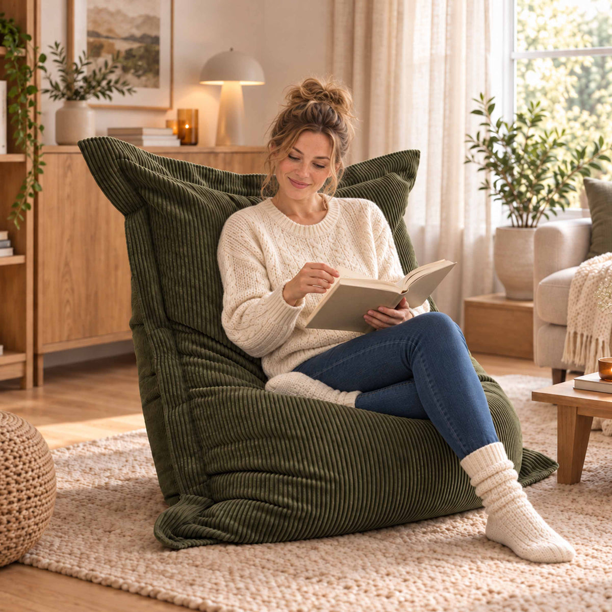 Pouf Velours Côtelé Kaki foncé, assise design rectangulaire en velours côtelé, pour lecture et détente salon moderne