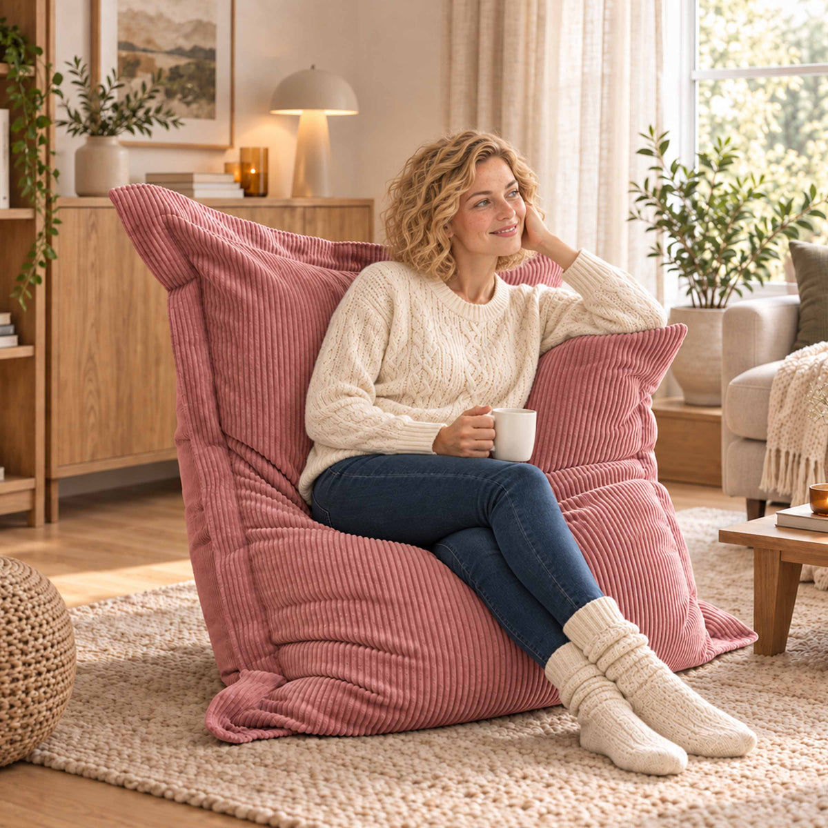 Pouf Velours Côtelé Rose poudré chaud, fauteuil détente rectangulaire en velours côtelé rose poudré, intérieur chaleureux