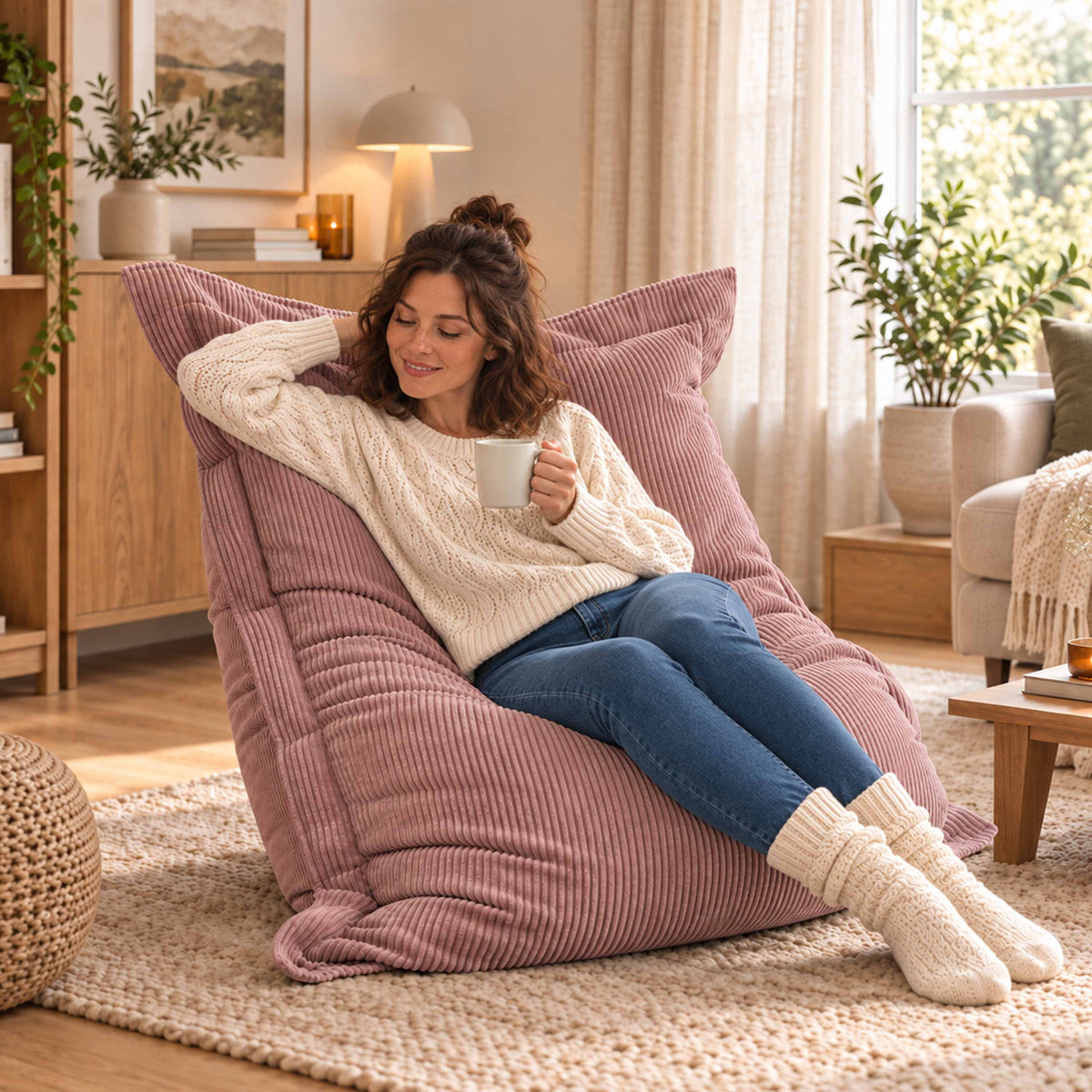 Pouf Velours Côtelé Rose poudré : fauteuil design en velours côtelé rose poudré pour détente, intérieur cosy
