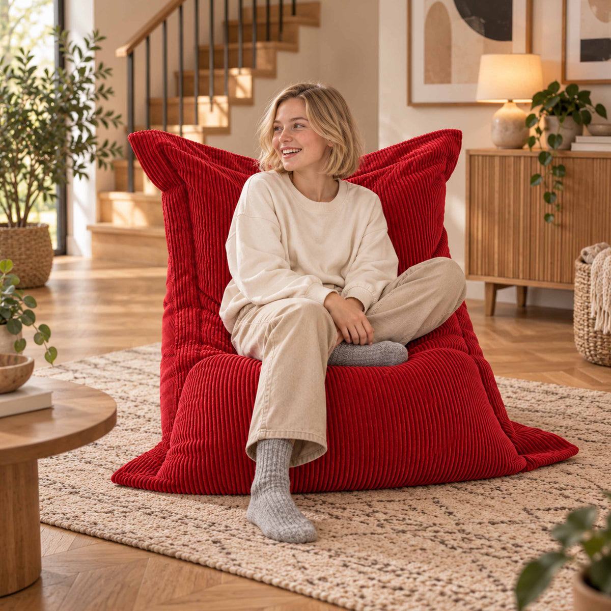 Pouf Velours Côtelé Rouge : assise rectangulaire en velours côtelé rouge pour détente, salon chaleureux et confortable