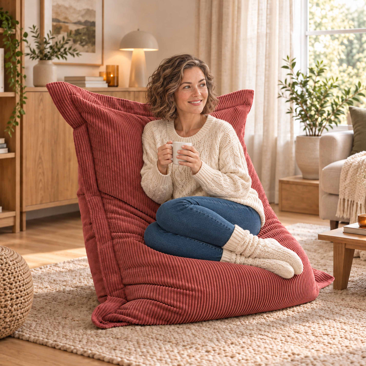 Pouf Velours Côtelé Terracotta : pouf design rectangulaire en velours côtelé, coin détente chaleureux avec coussins