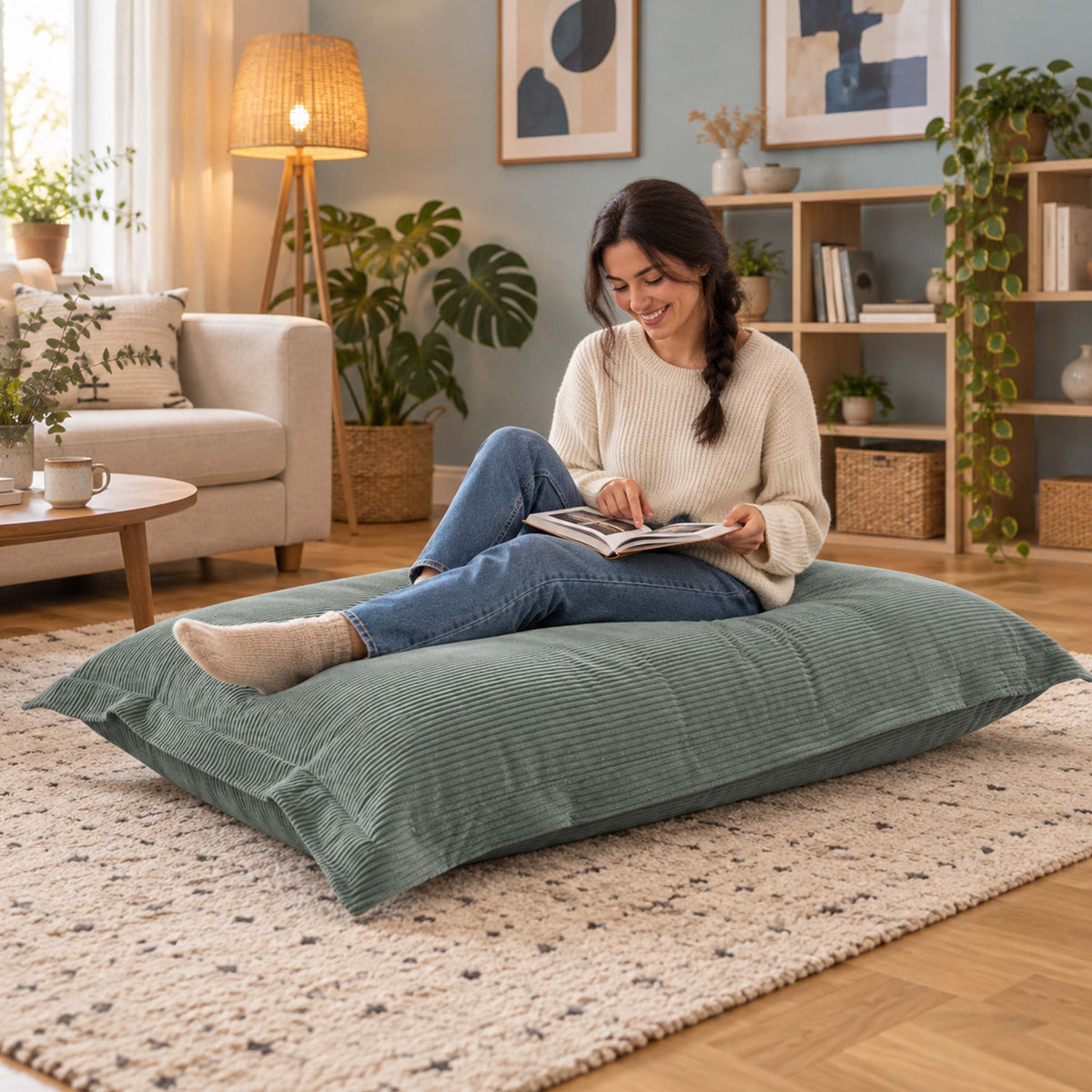 Pouf Velours Côtelé Vert gris : coussin rectangulaire design, assise cosy au salon pour lecture et détente