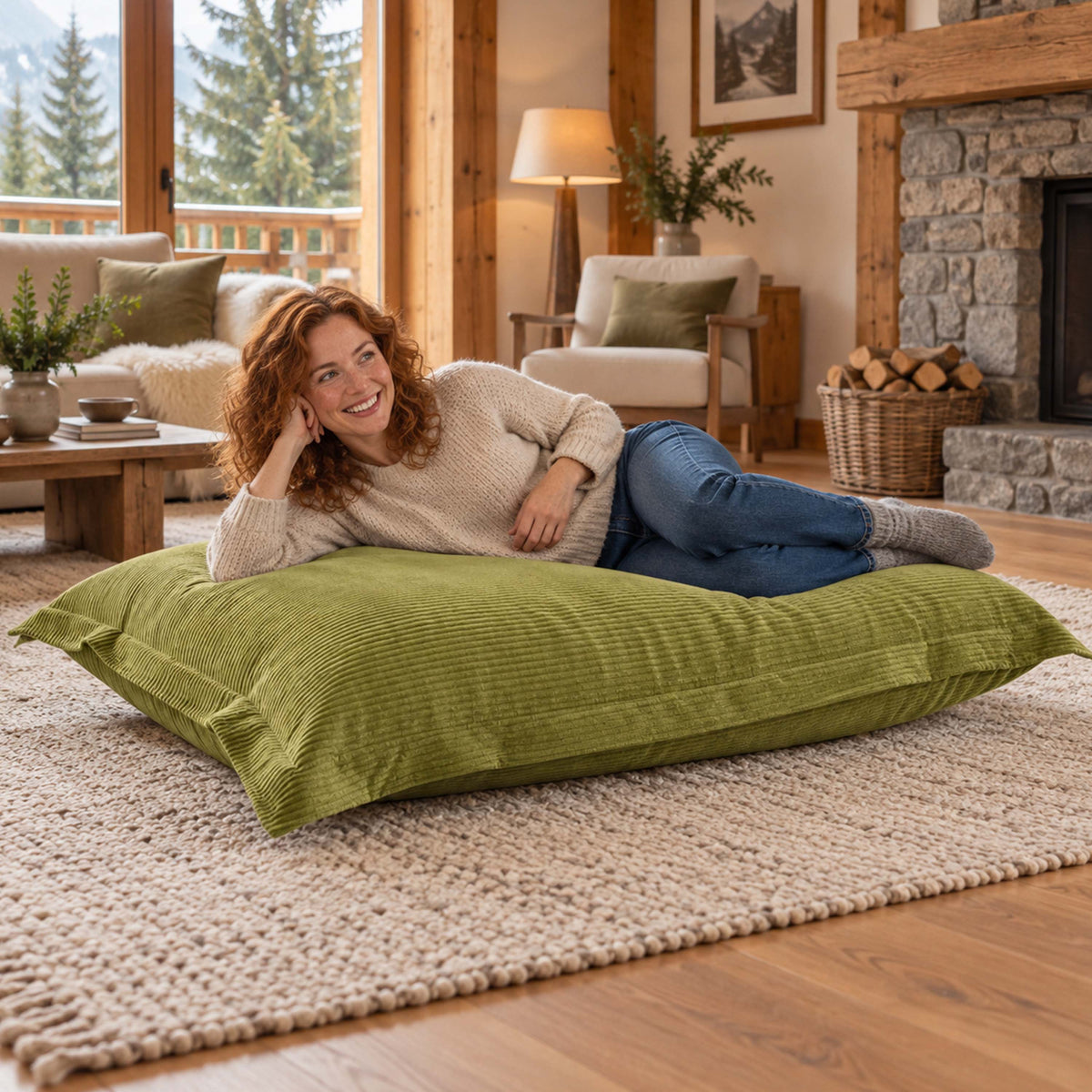 Pouf Velours Côtelé Vert olive clair – pouf design en velours côtelé pour salon, assise confortable, déco cosy
