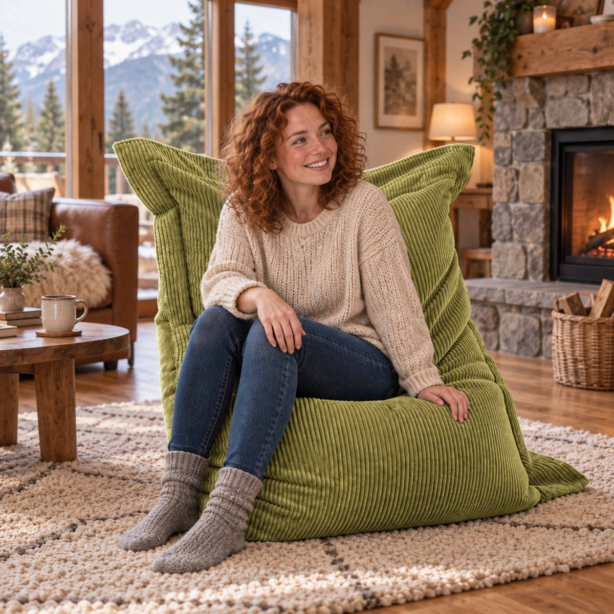 Pouf Velours Côtelé Vert olive clair, pouf rectangulaire en velours côtelé vert olive clair pour salon cosy près du feu