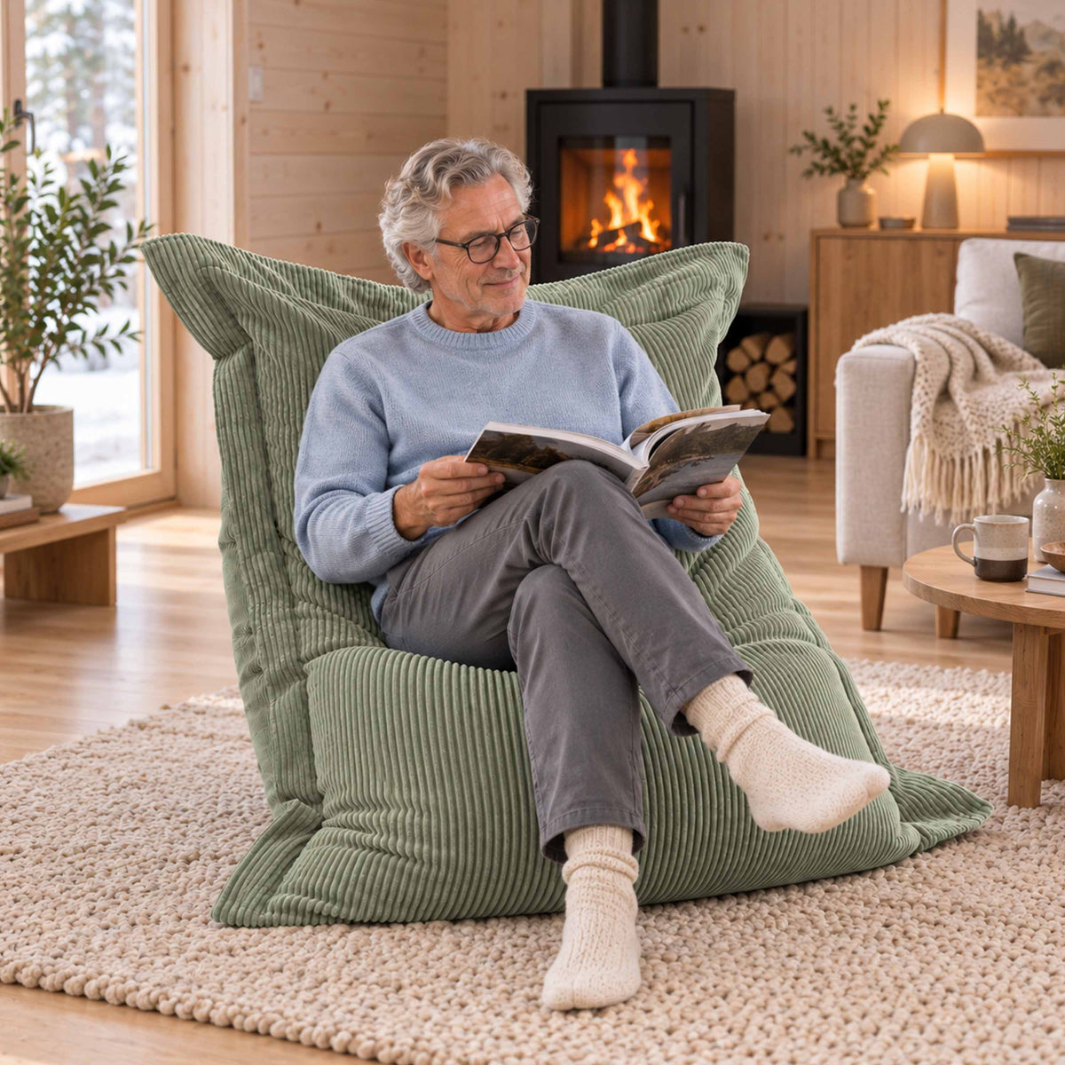 Pouf Velours Côtelé Vert Sauge : fauteuil poire rectangulaire en velours côtelé pour détente, salon chaleureux au coin feu