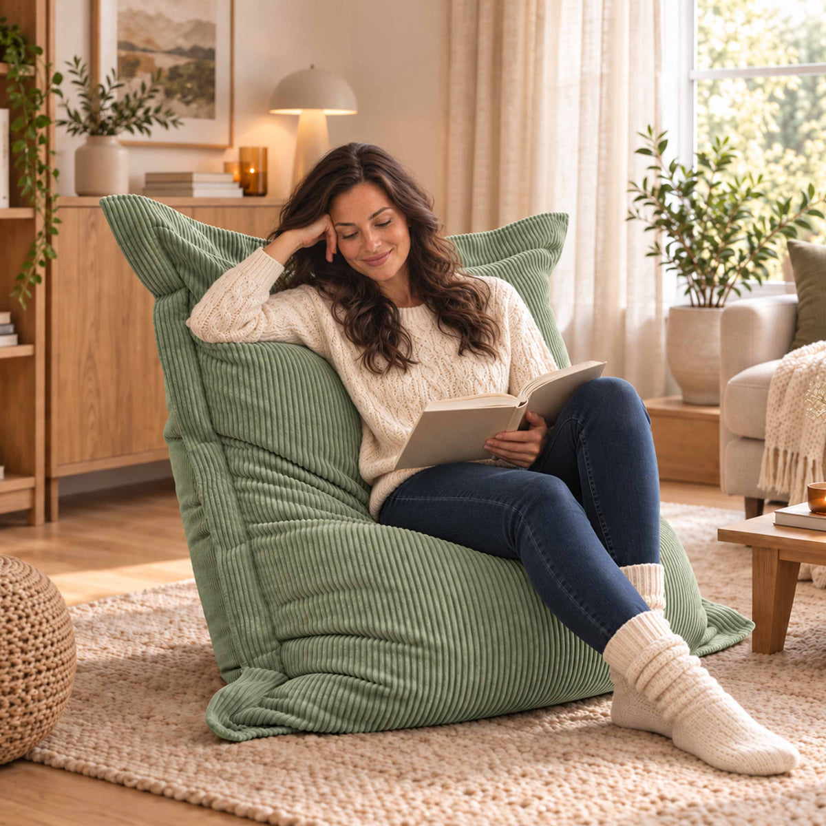 Pouf Velours Côtelé Vert Sauge, assise design rectangulaire en velours côtelé pour détente au salon, ambiance chaleureuse