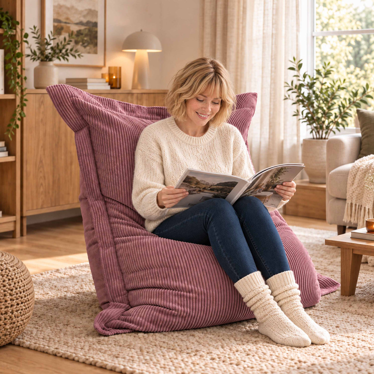 Pouf Velours Côtelé Vieux rose : fauteuil rectangulaire en velours côtelé, détente salon cosy, lecture sur canapé.
