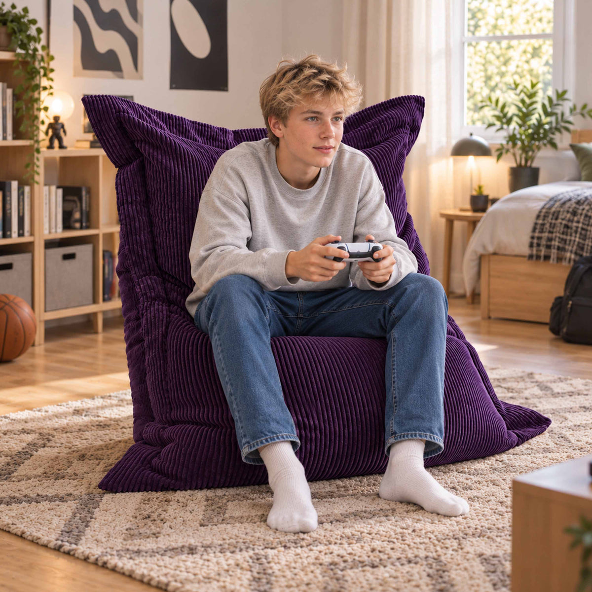 Pouf Velours Côtelé Violet aubergine Big52, pouf rectangulaire en velours côtelé violet, assise confortable pour détente