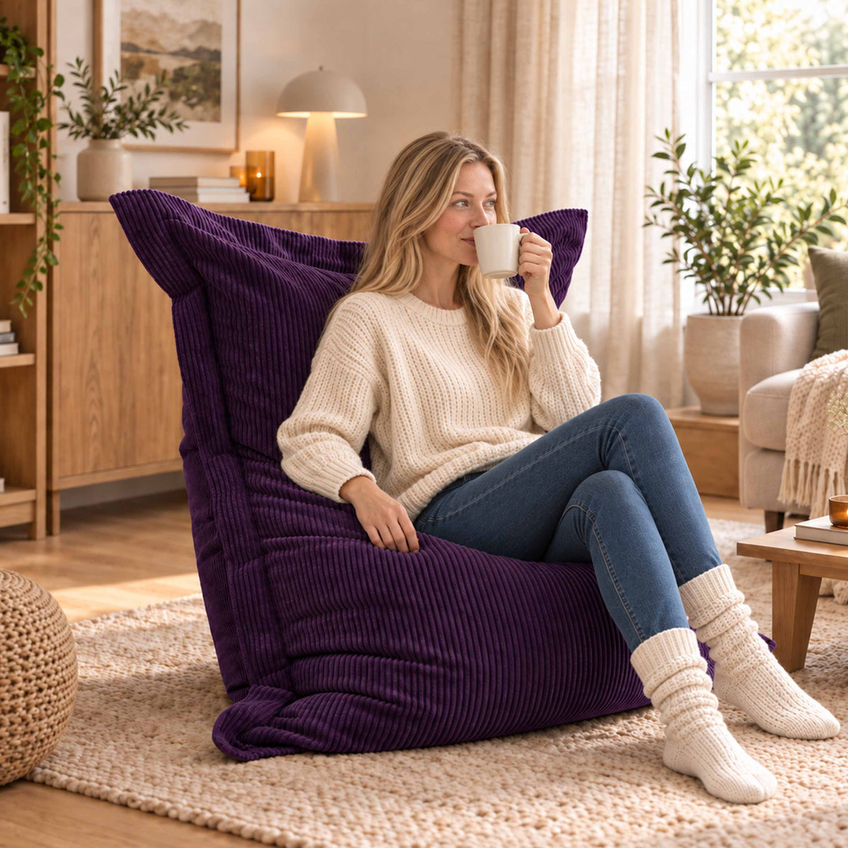 Pouf Velours Côtelé Violet aubergine, assise rectangulaire en velours côtelé violet, ambiance salon cosy