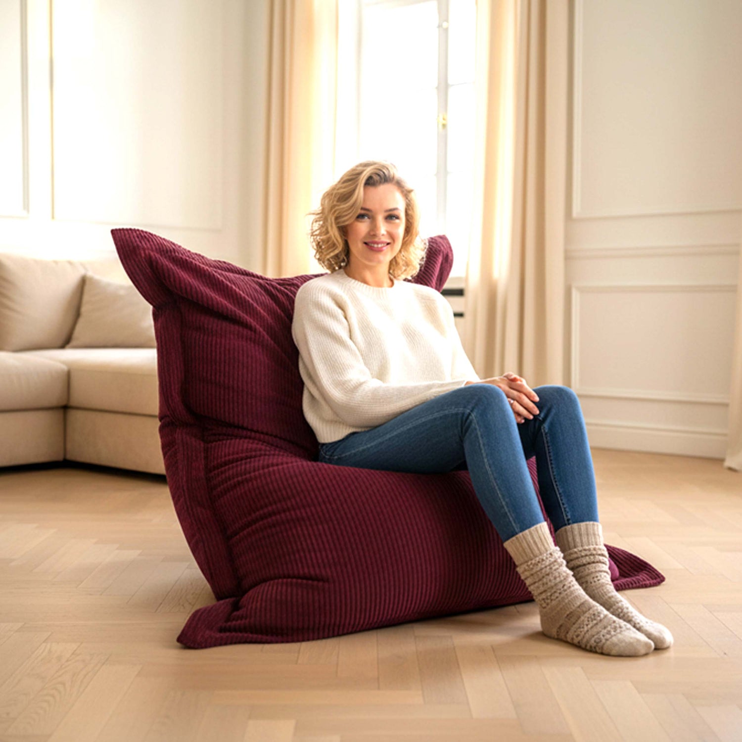 Pouf Velours Côtelé Cerise