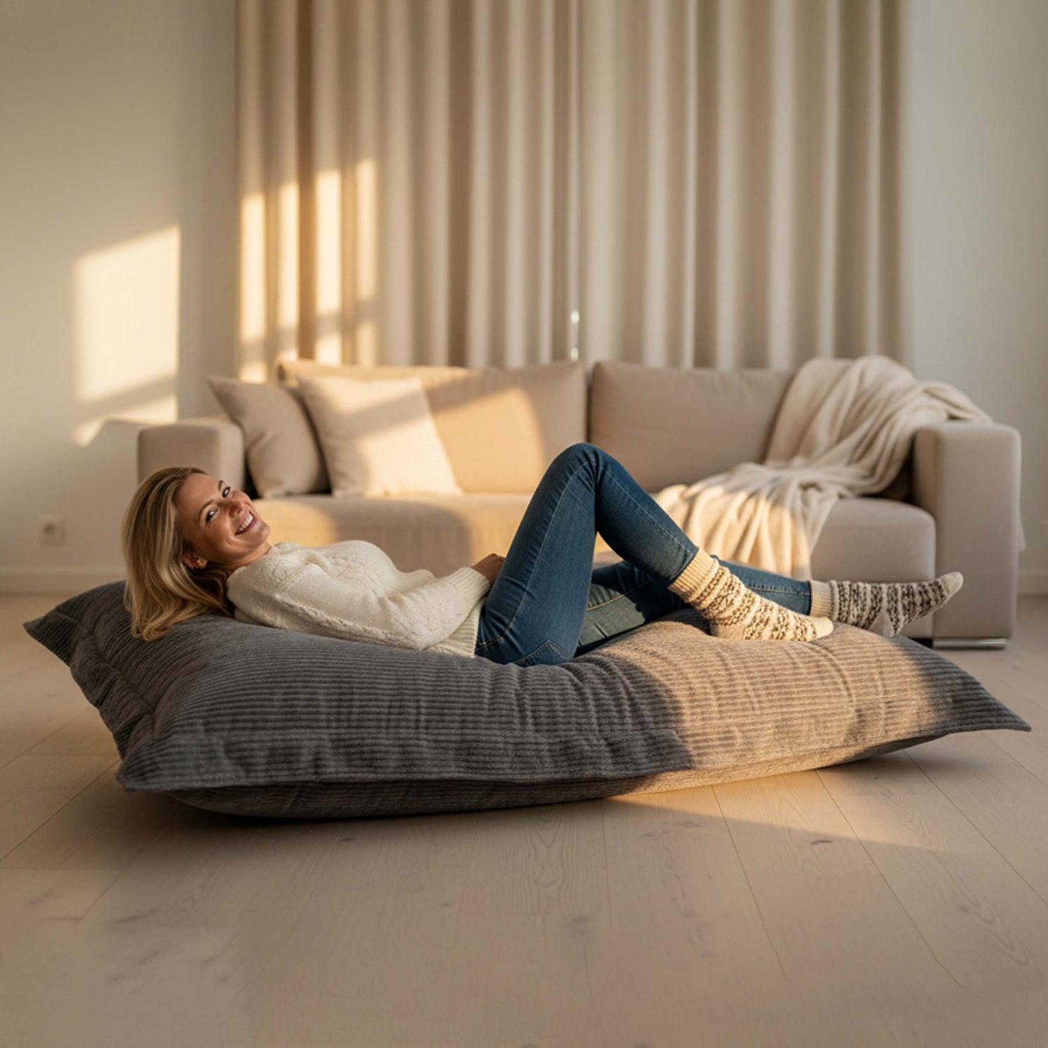 Pouf Velours Côtelé Gris