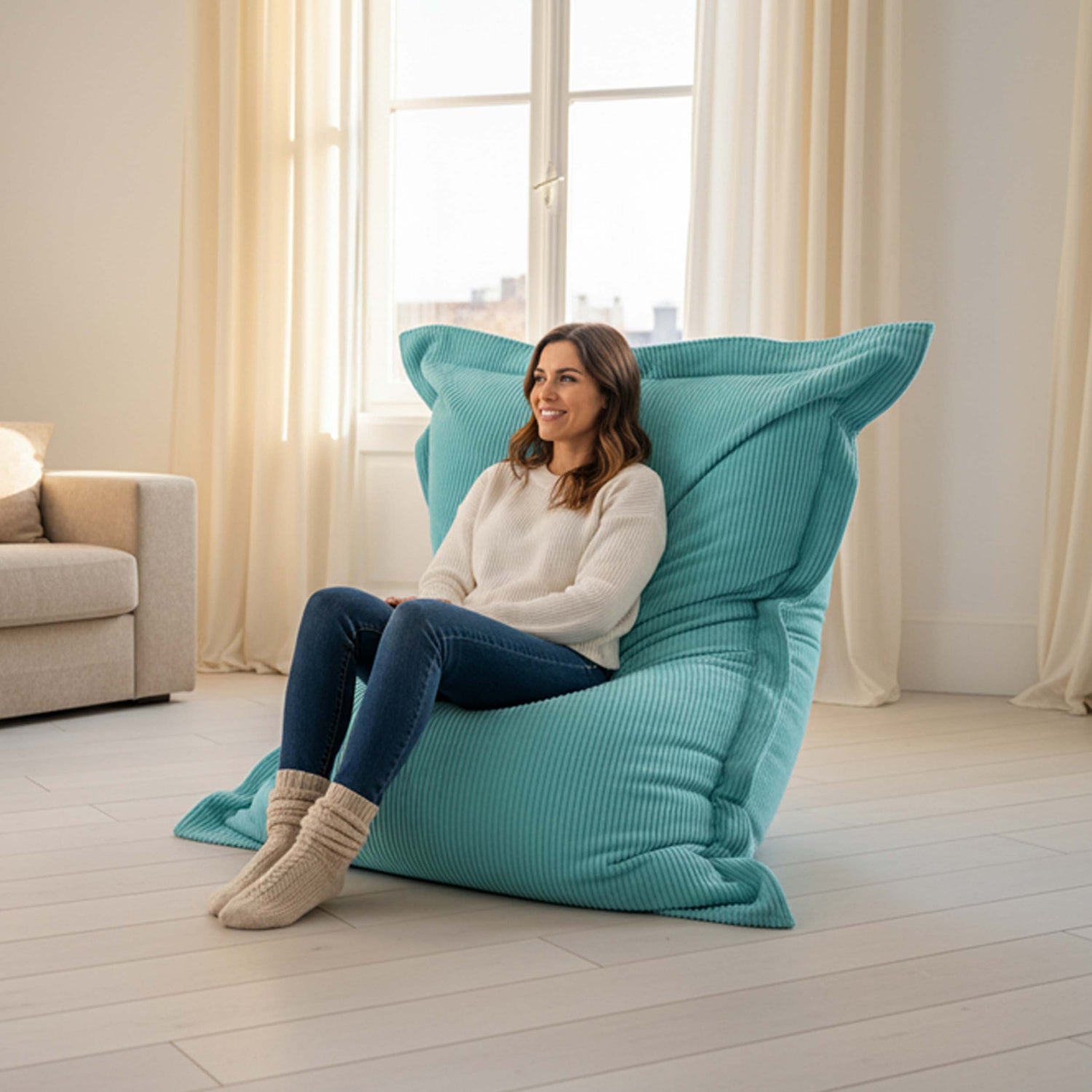 Corduroy Velvet Pouf Turquoise