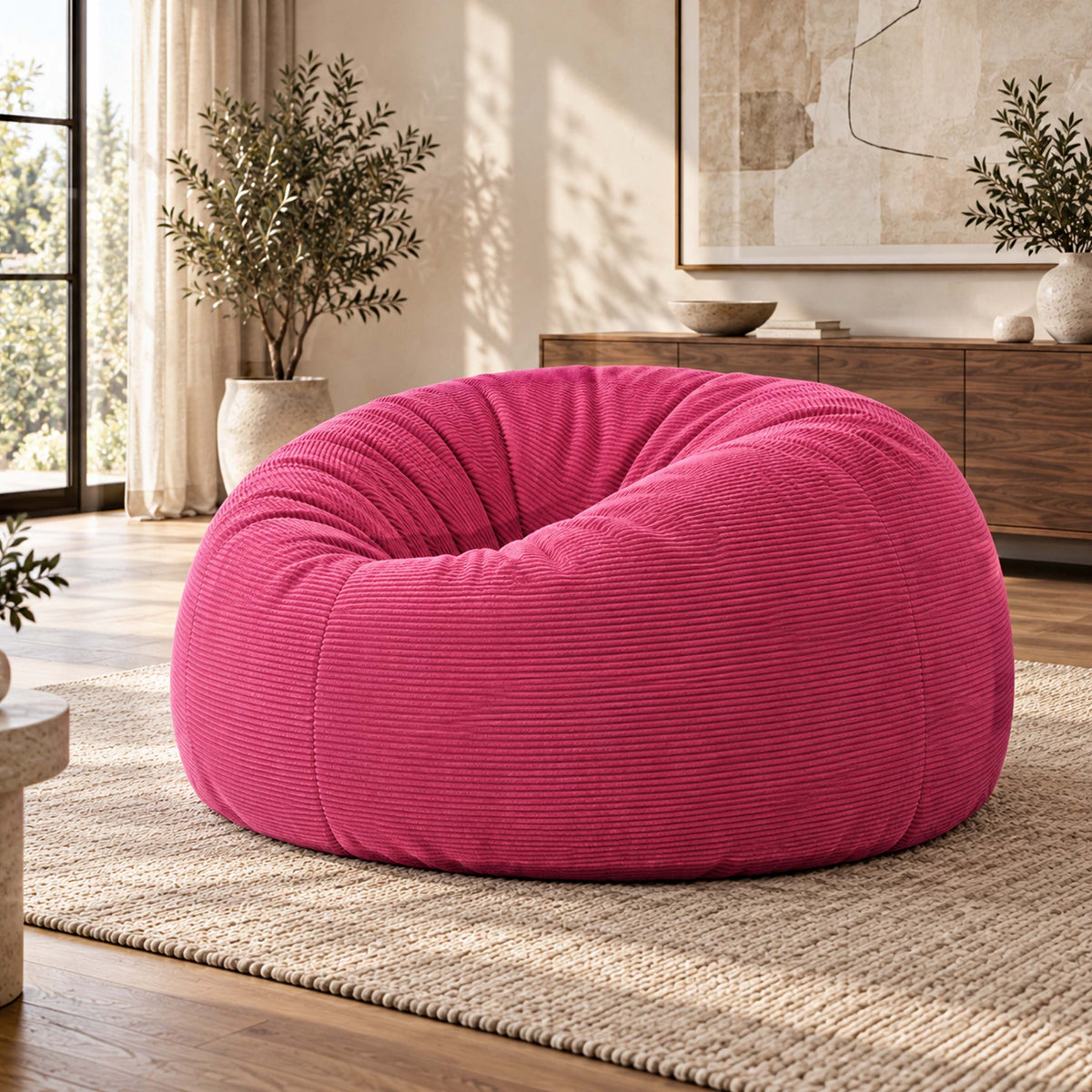 Riesiger runder XXL-Sitzsack aus rosa Cord