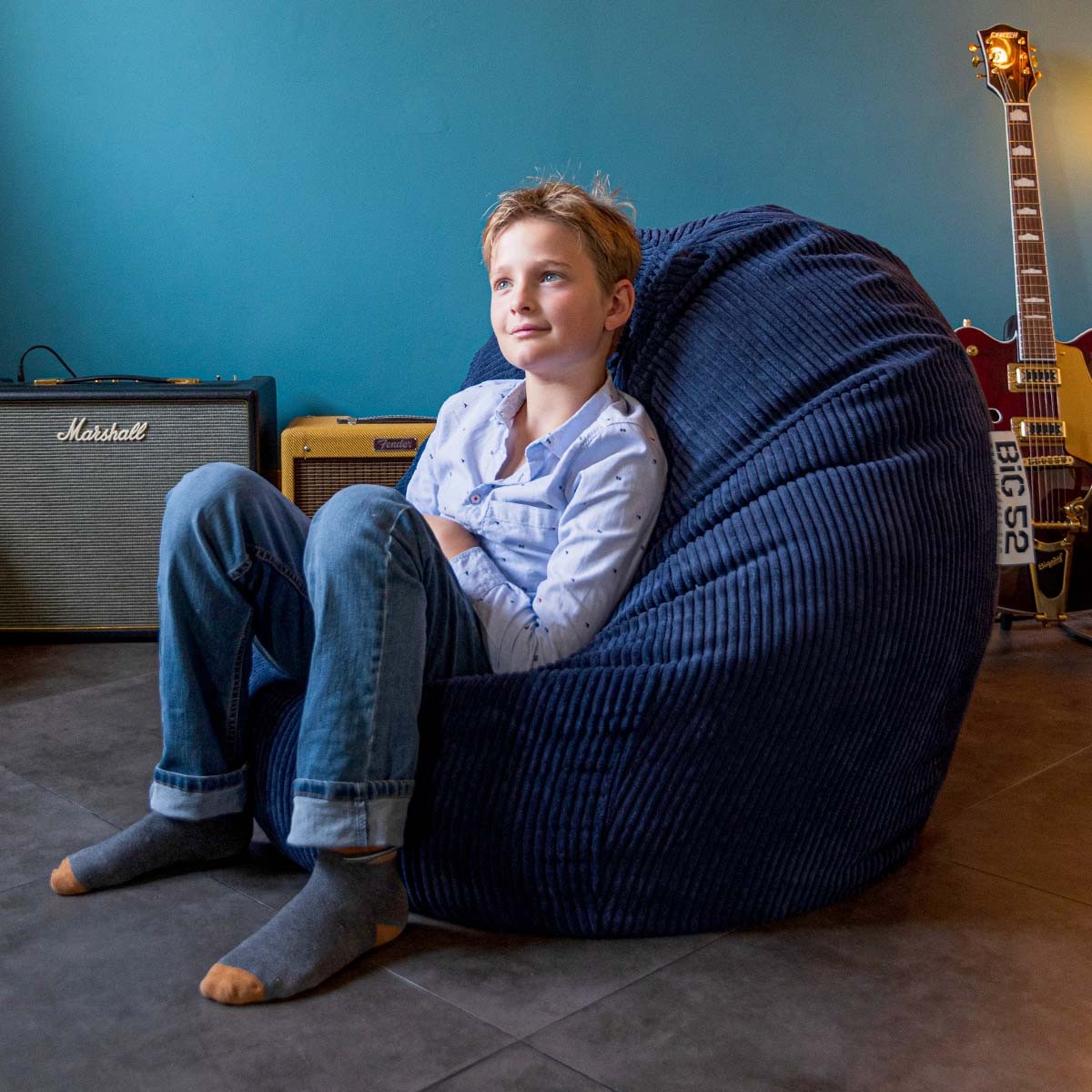 Pouf Poire Velours Côtelé Bleu Marine