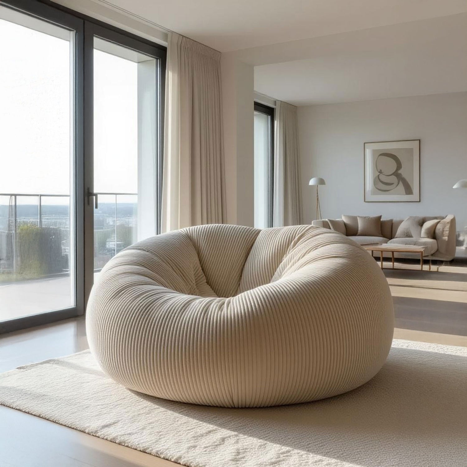 Pouf Gigante Rotondo XXL Velluto Coste Beige