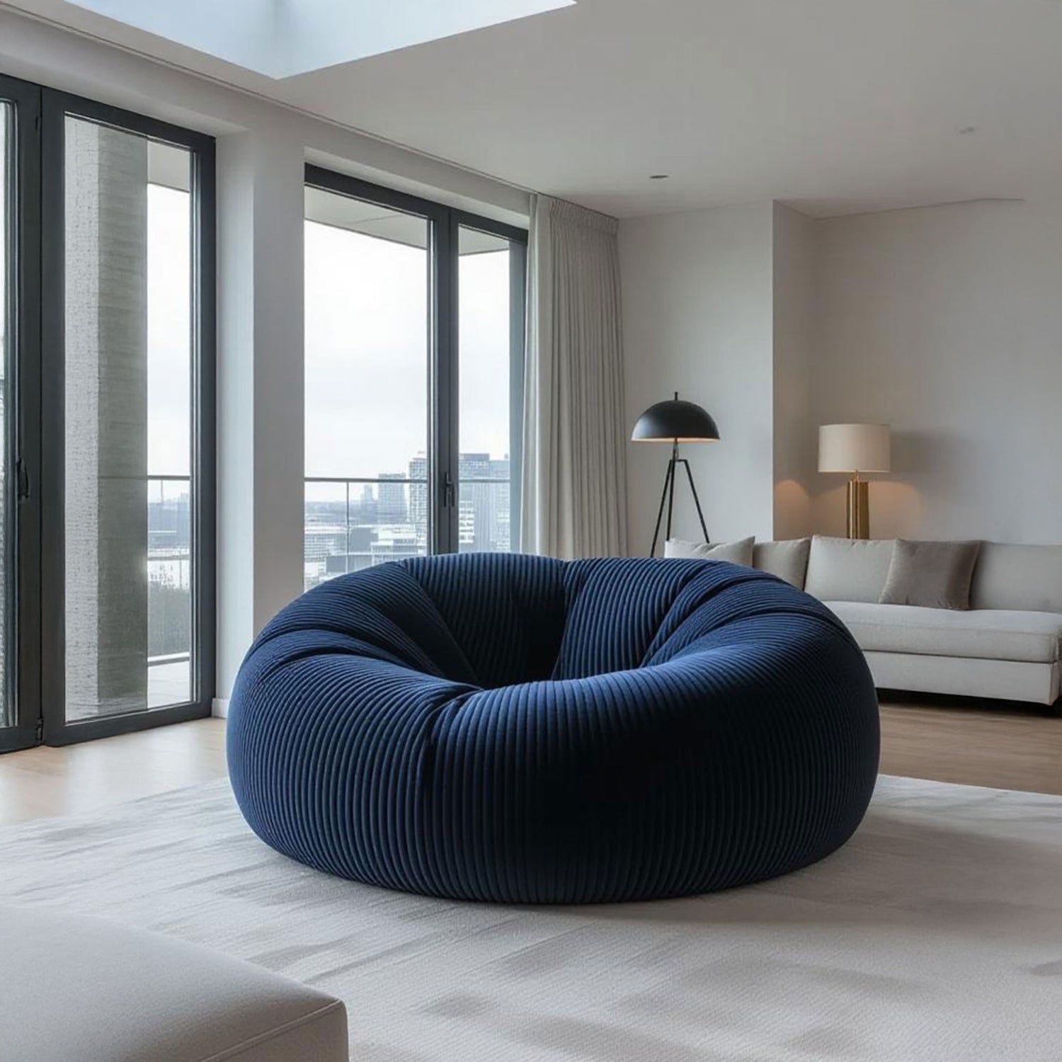 Pouf Géant Rond XXL Velours Côtelé Bleu Marine
