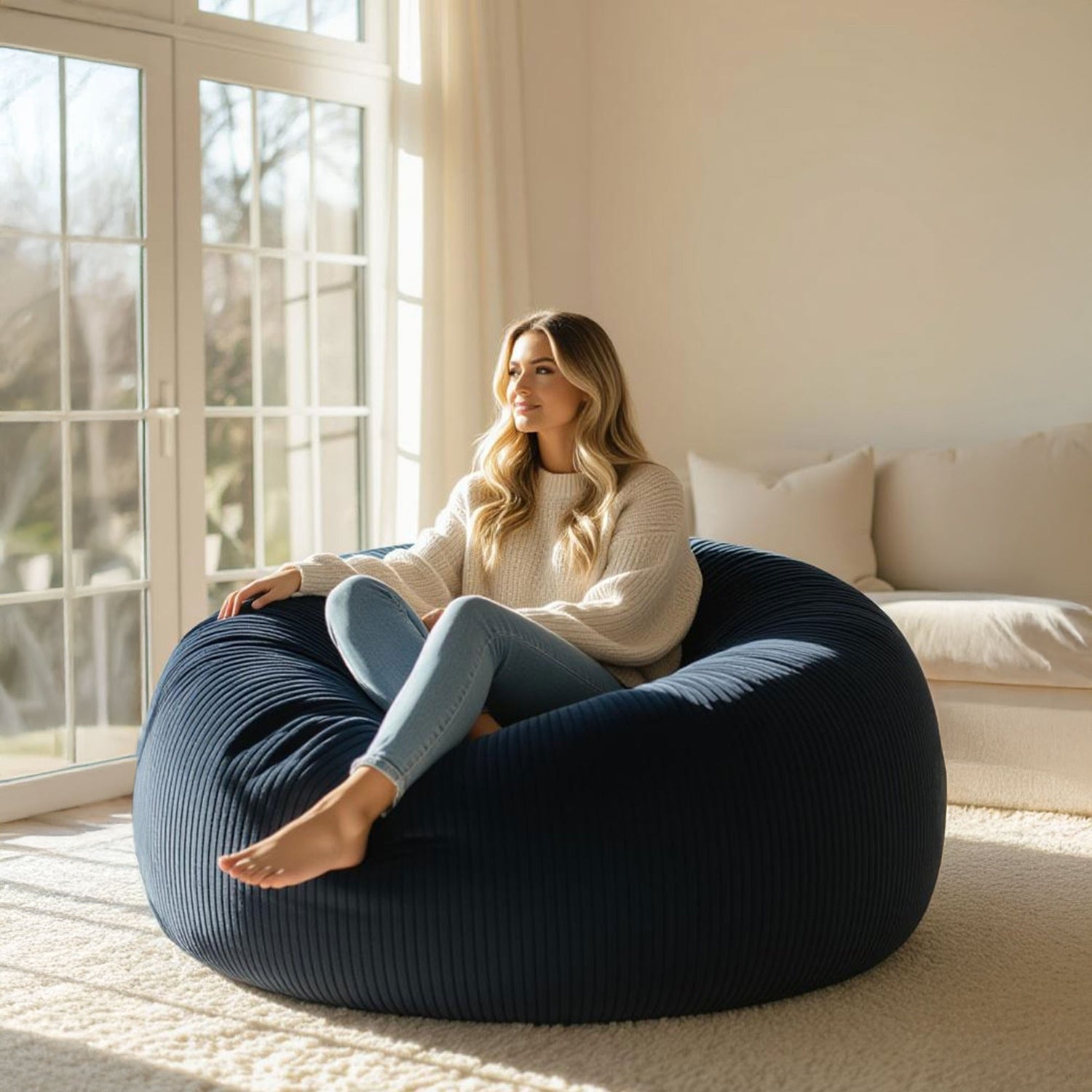 Pouf Géant Rond XXL Velours Côtelé Bleu Marine