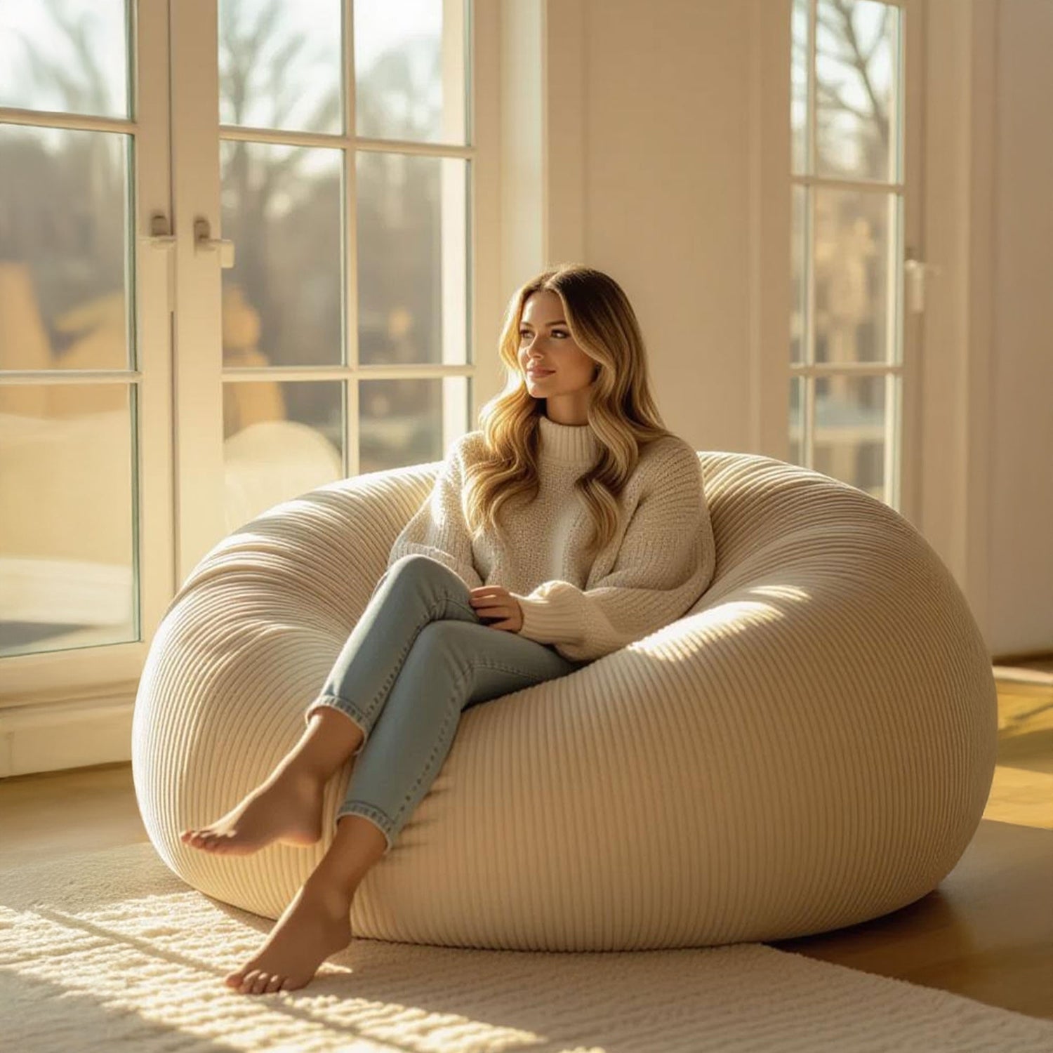 Pouf Gigante Rotondo XXL Velluto Coste Beige